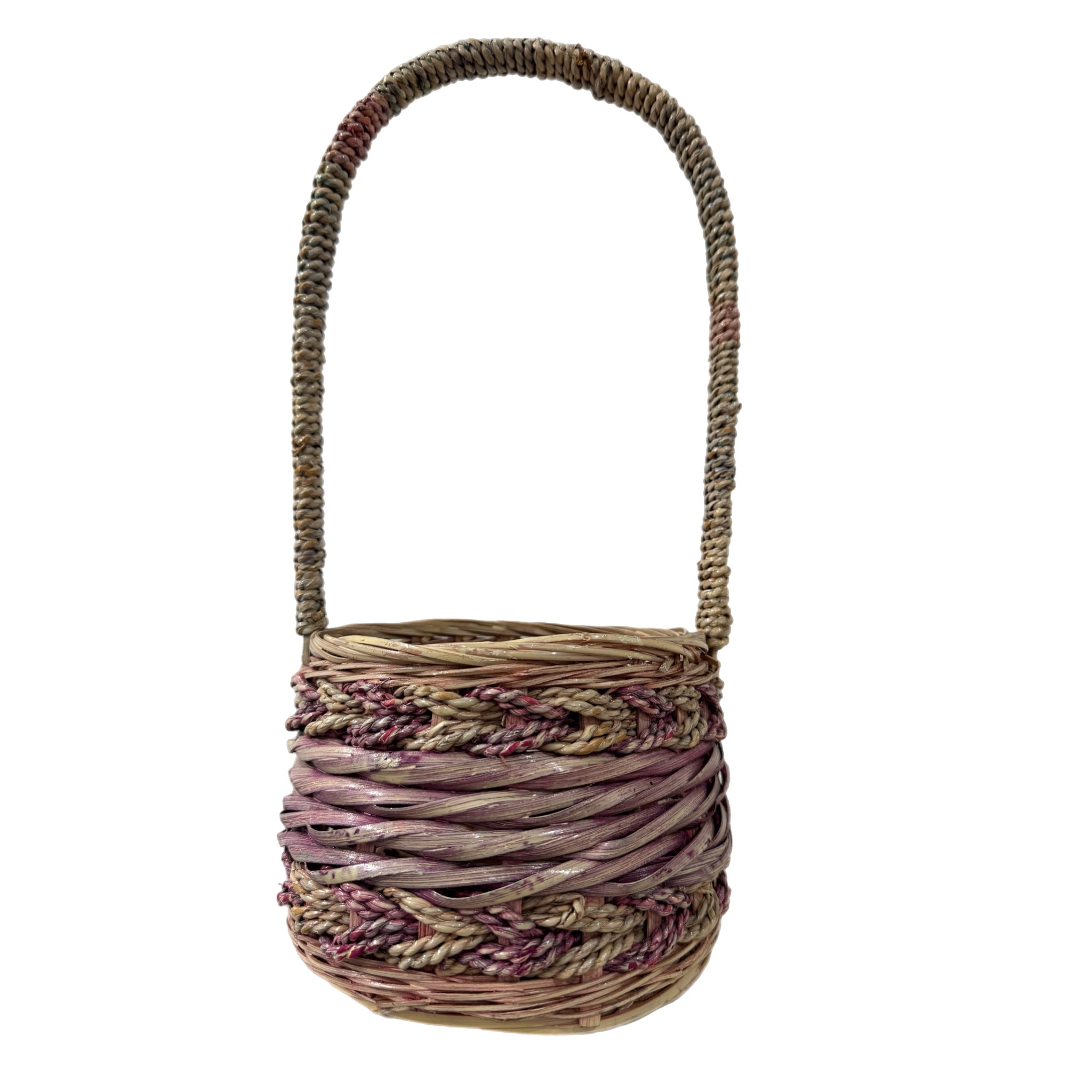Vintage Basket Cottage House Tall Arched Handle Wicker Woven Twist Design 13x6”