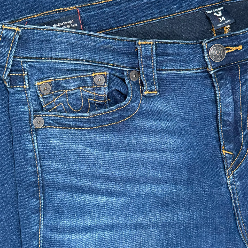TRUE RELIGION Women’s Billie Straight Jeans Sz 34 Mid Rise 33.5” Inseam Slimming