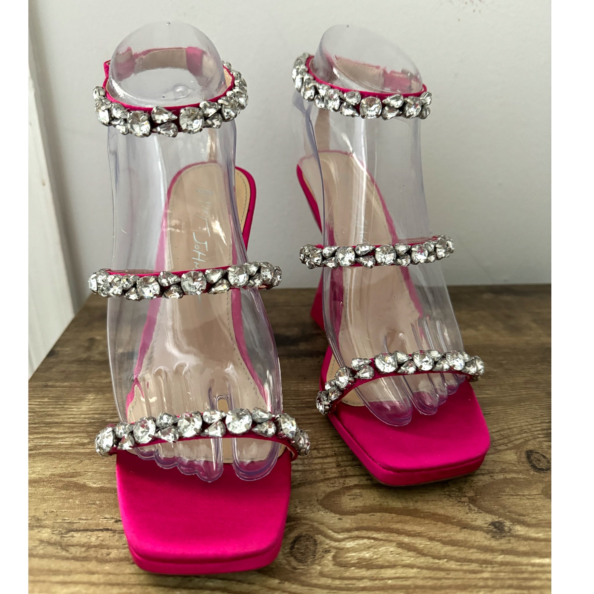 Betsey Johnson SB-Perry Women's Heels Pink Rhinestone Strap Blue Bottoms Sz 6.5