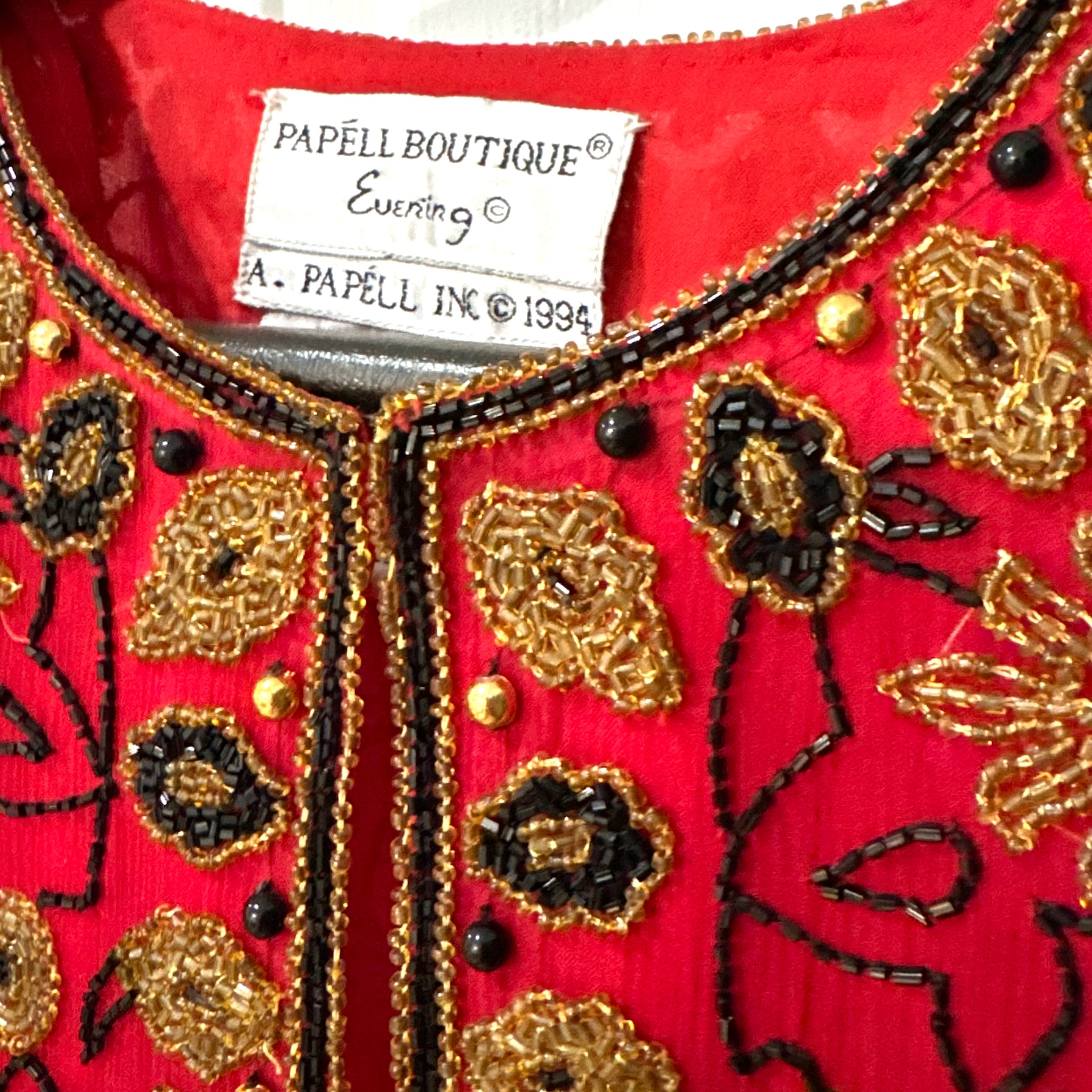 Adrianna Papell 1994 Silk Beaded Jacket Red Black Gold Evening Formal Vintage Sz S