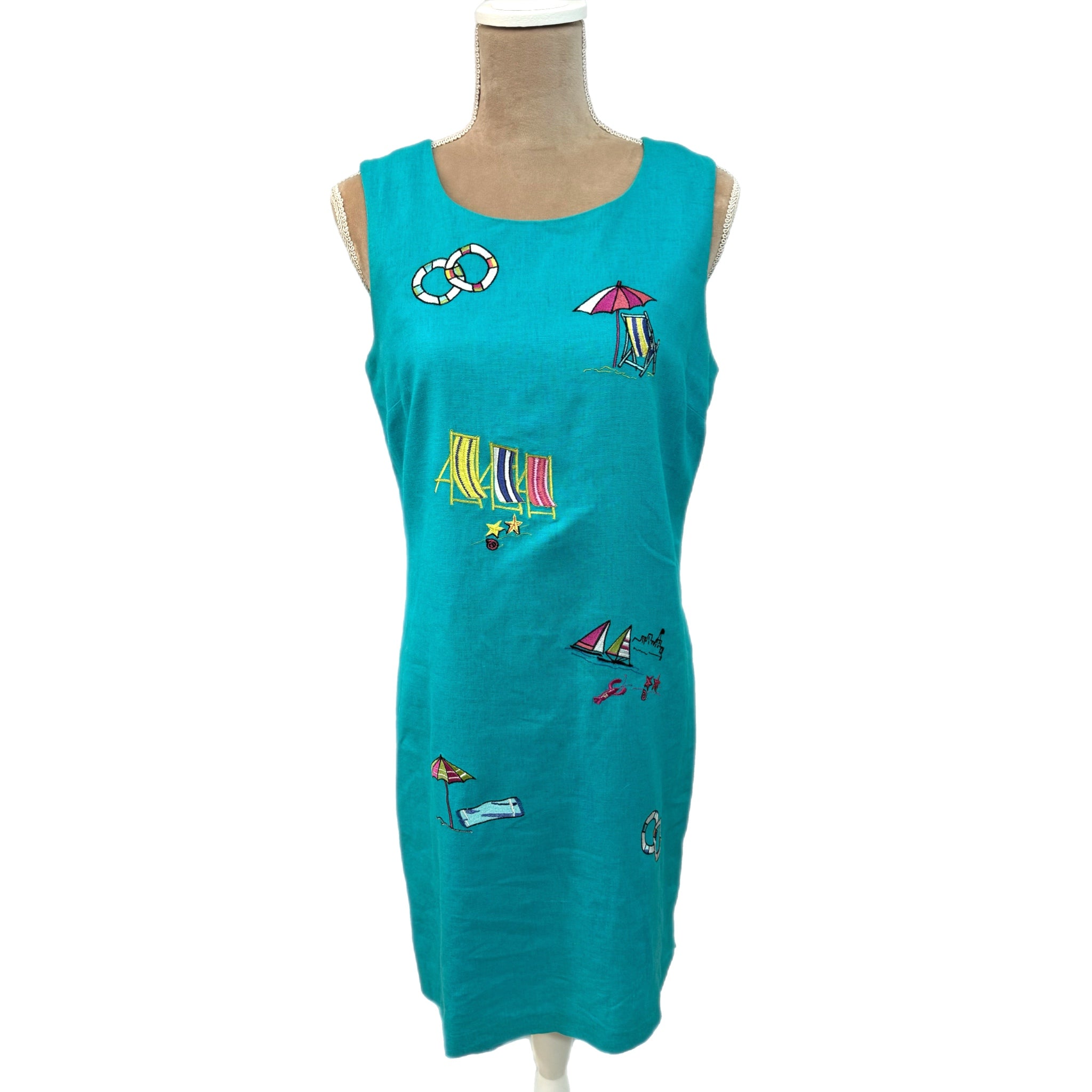 Vintage ULTRA DRESS NY Linen Blend Shift Dress Coastal Embroidery Cape Cod Sz 8