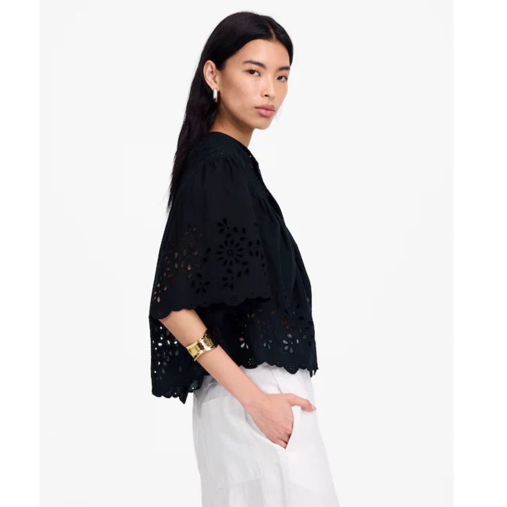 MADEWELL Women's Black Eyelet Cotton Sz S Swing Top Scalloped Hem Blouse New