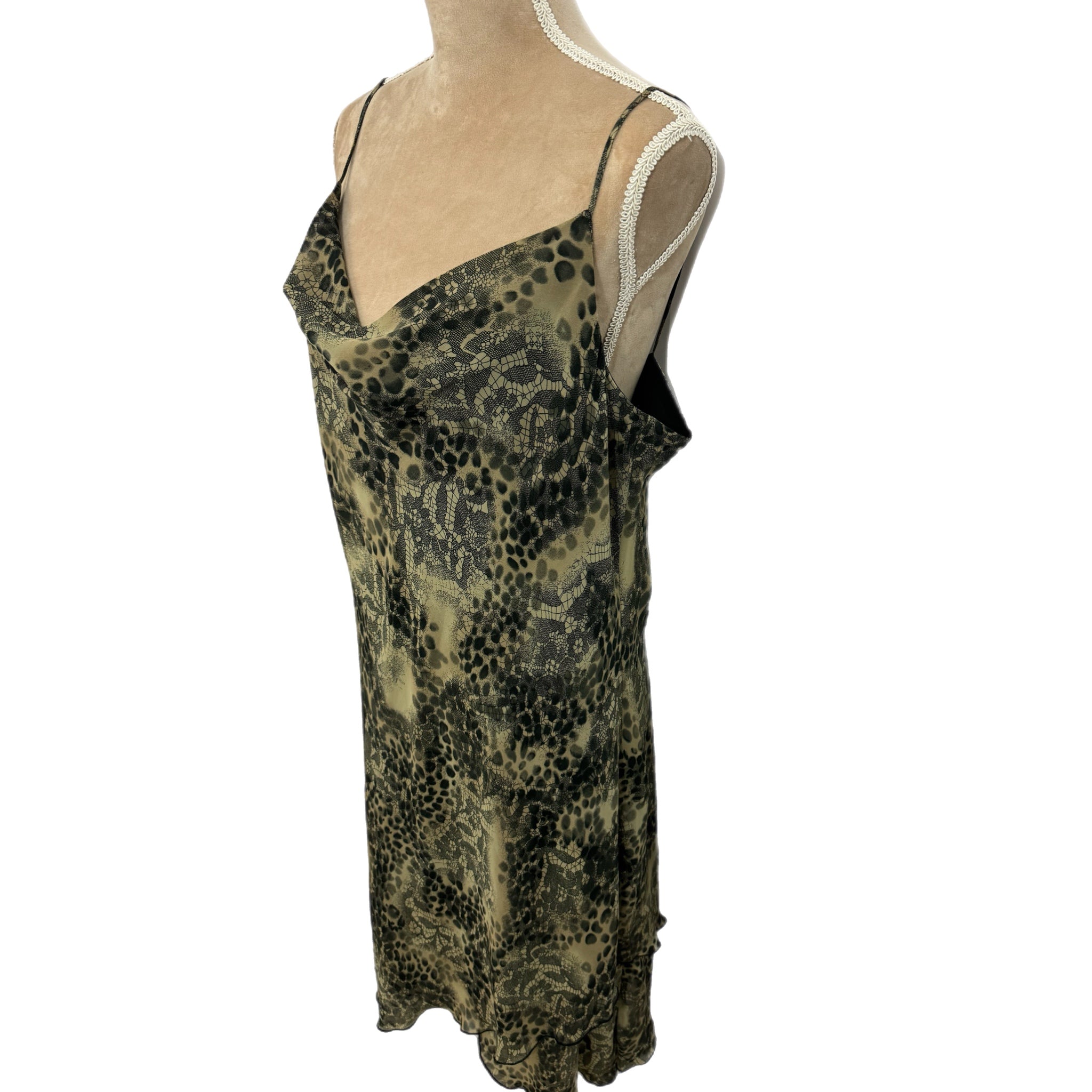 New York & Co 90s Style Midi Dress Abstract Green Spaghetti Strap Chiffon Sz 18