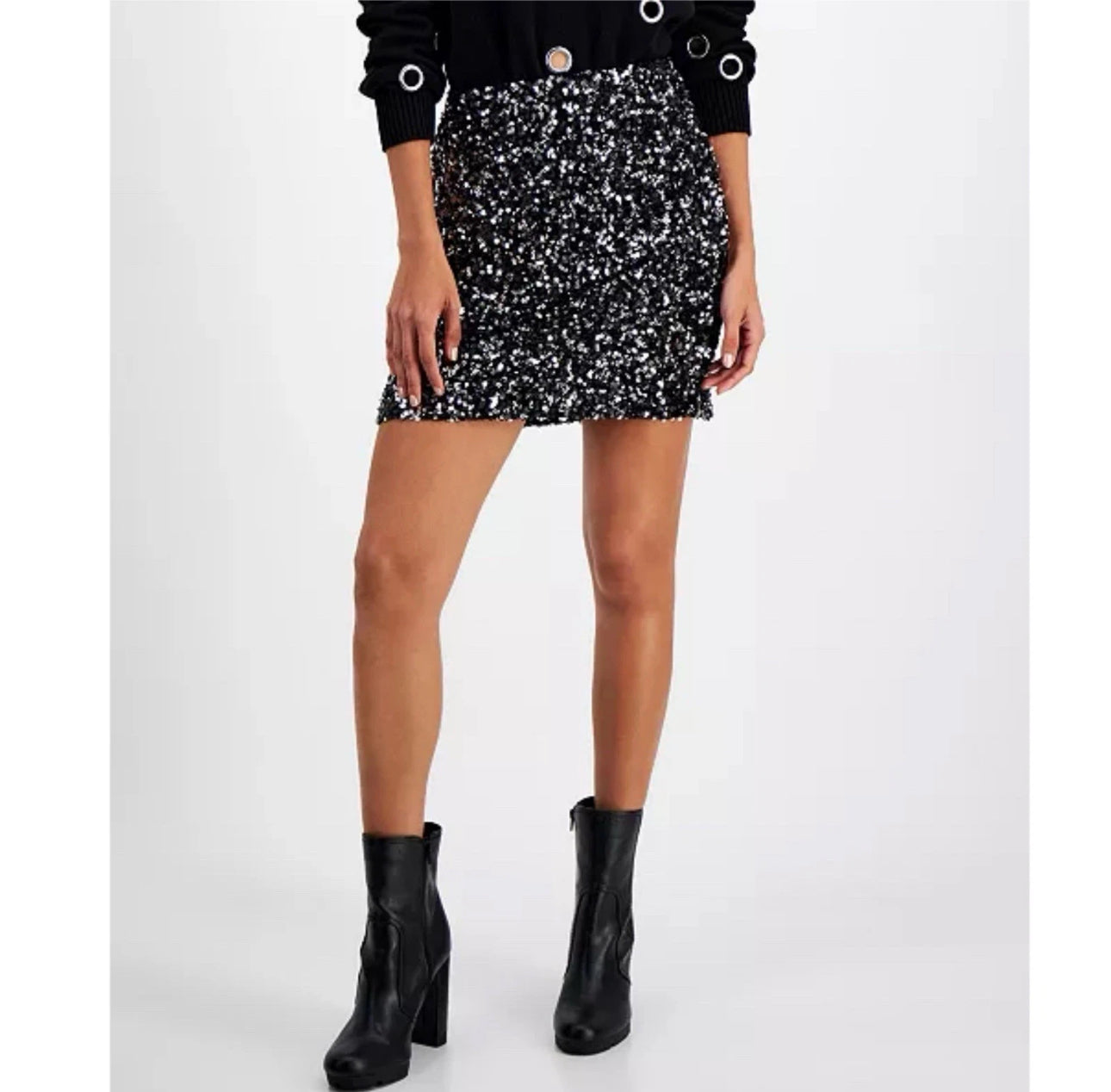 BAR III Women’s Sequined Black Mini Skirt Soft Lined Pull On Stretchy Sz XL