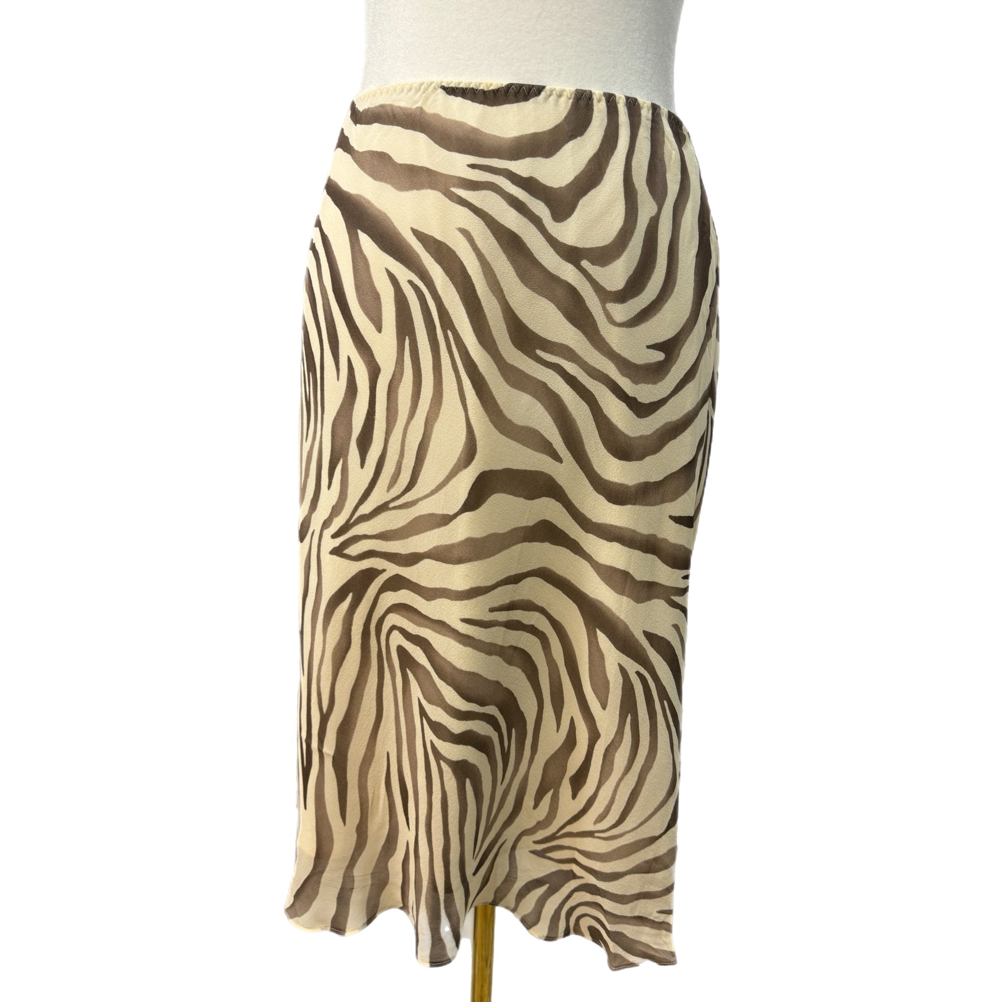 Vintage Y2K BANANA REPUBLIC 100% SILK Circa 2003 Midi Skirt Beige Zebra Mod Sz 8
