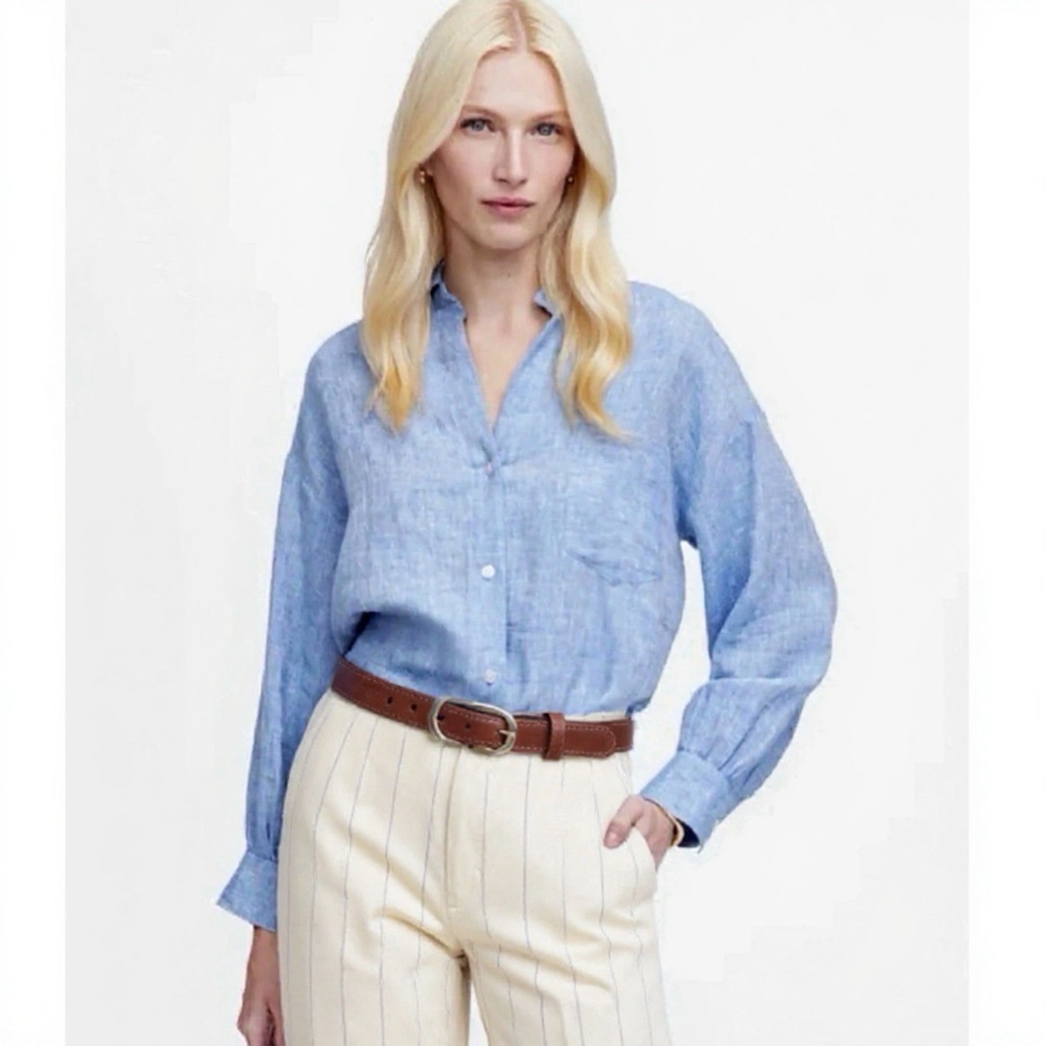 MADEWELL Shirred Button Up Linen Shirt Women’s Sz Small Sunfaded Blue Top NWT