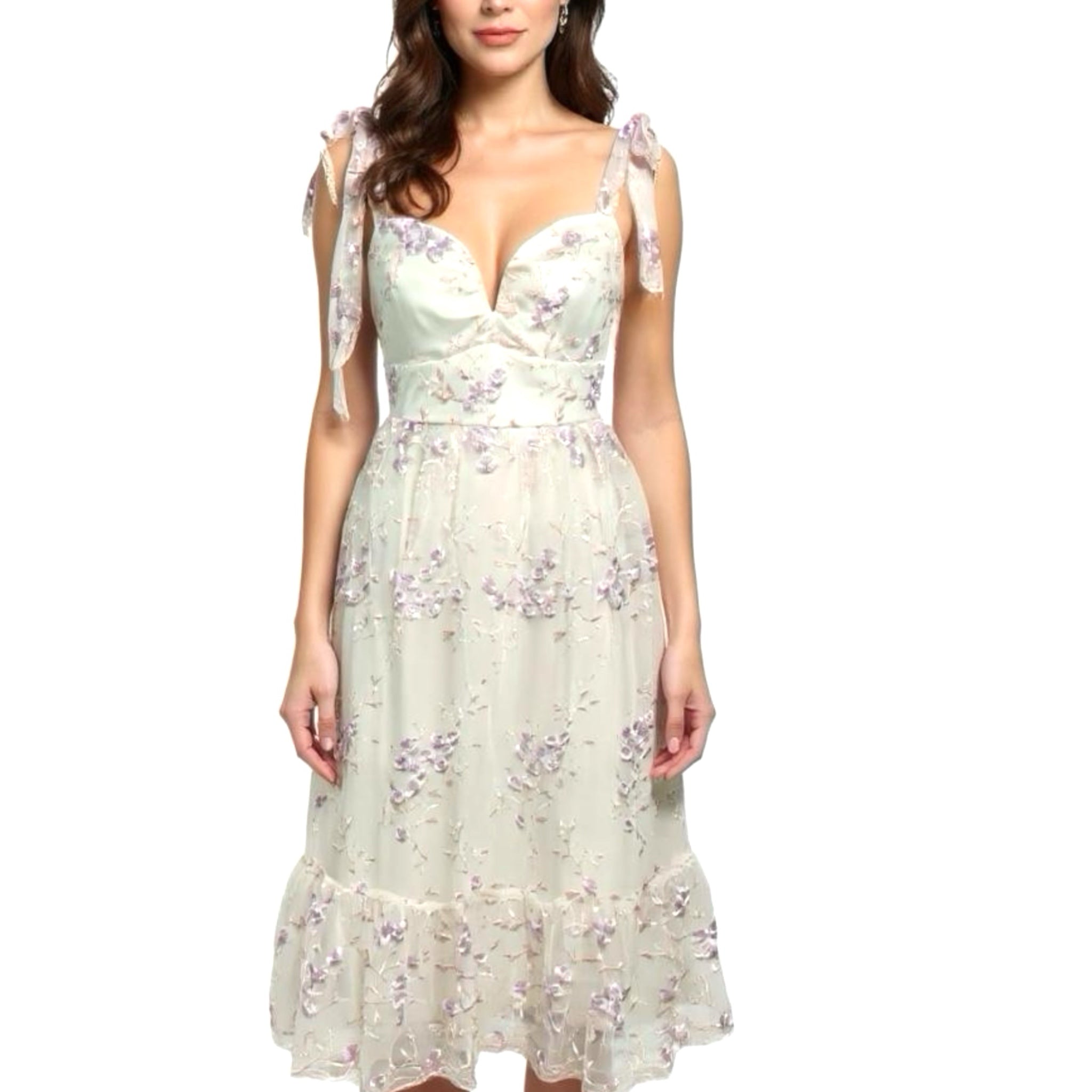 Lulus Romantic Embroidered Tulle Midi Dress White Lilac Floral Womens Sz M NWT
