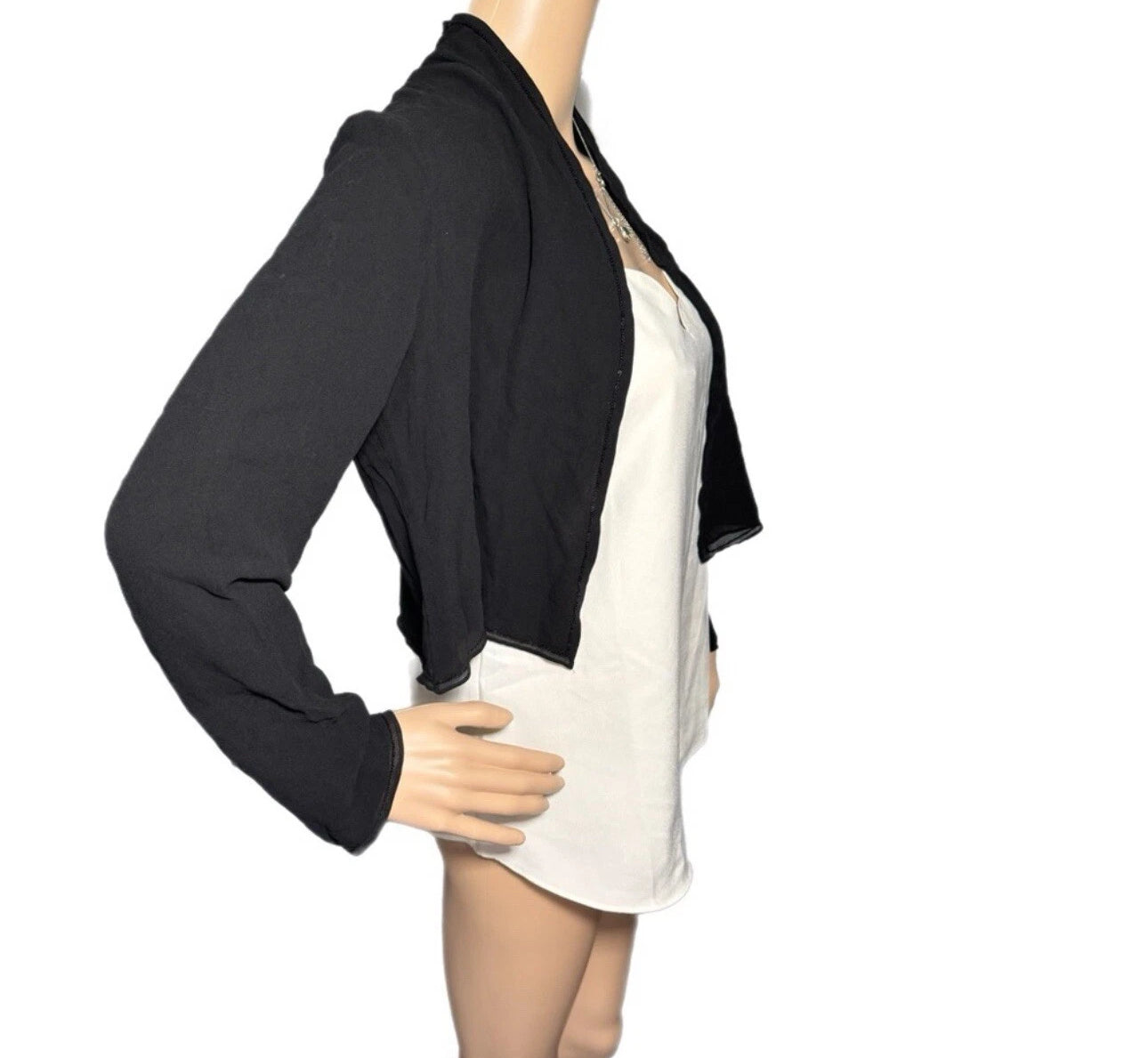 EILEEN FISHER 100% Silk Open Front Sheer BlouseBlack Sequin Trim Elegant Crop XS