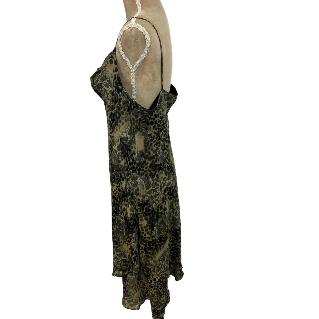 New York & Co 90s Style Midi Dress Abstract Green Spaghetti Strap Chiffon Sz 18