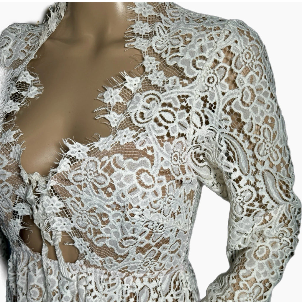 FOR LOVE & LEMONS Charlie Dress White Lace Long Sleeve Hippie Chic Mini Sz S