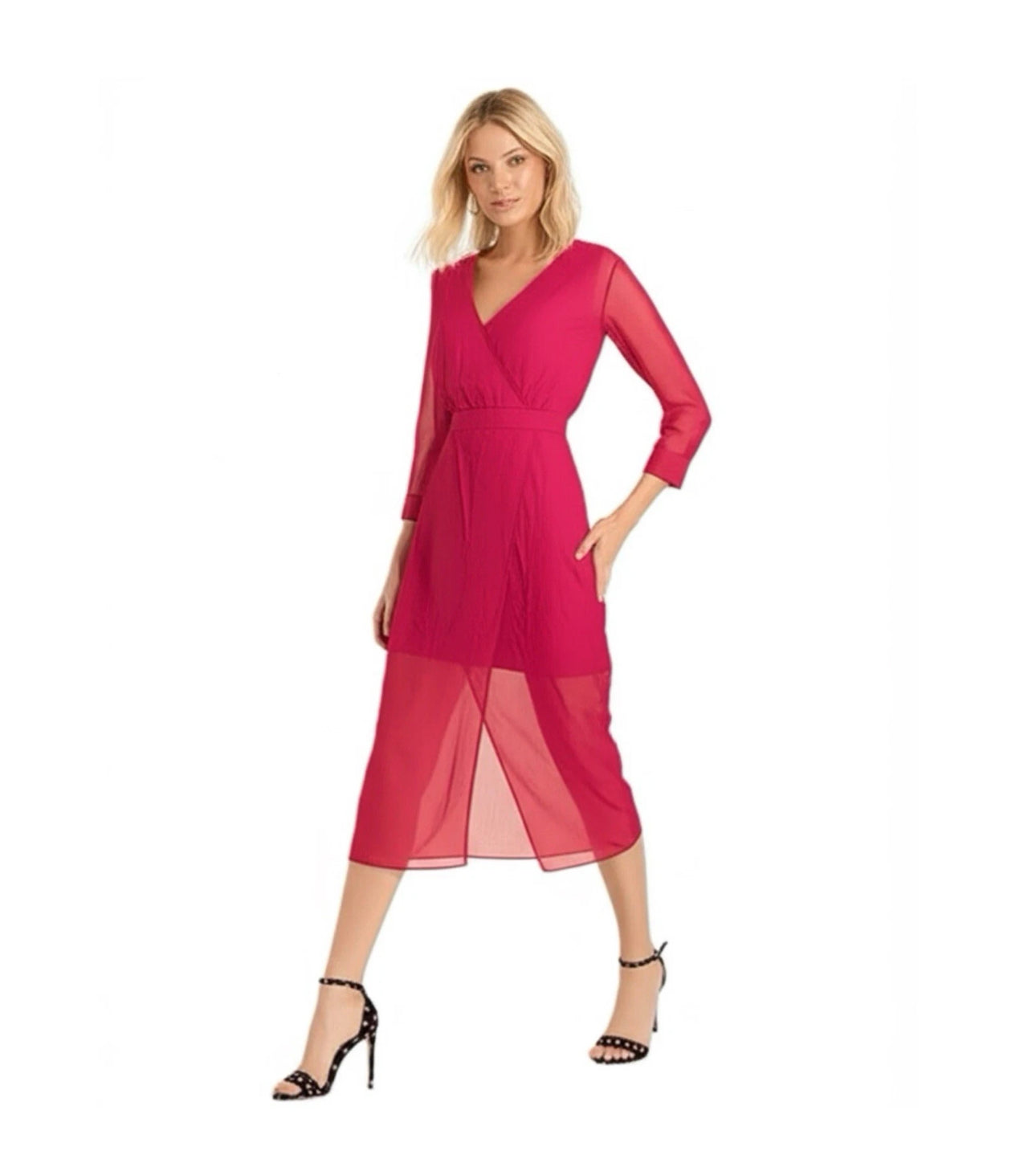 Bebe Womens Raspberry Pink Chiffon Faux Wrap Midi Dress 3/4 Sleeve NWT Sz 4