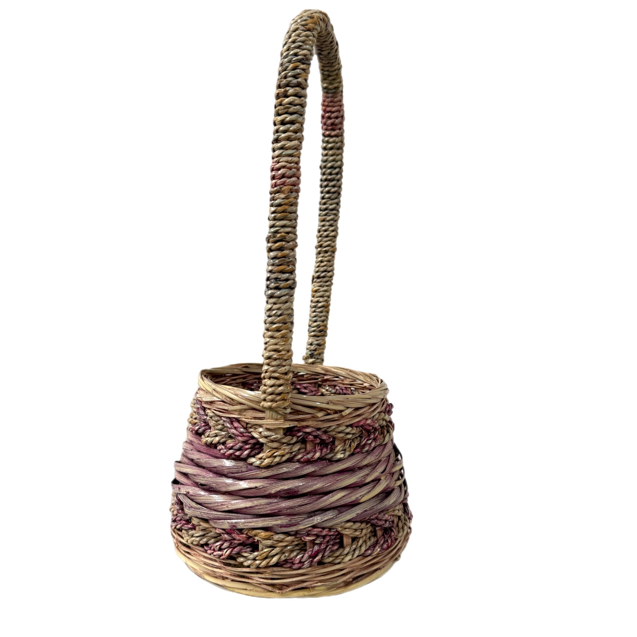 Vintage Basket Cottage House Tall Arched Handle Wicker Woven Twist Design 13x6”