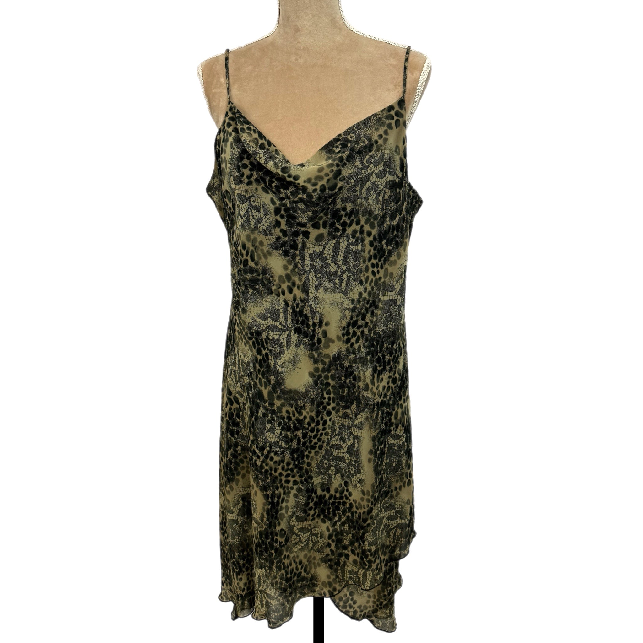 New York & Co 90s Style Midi Dress Abstract Green Spaghetti Strap Chiffon Sz 18