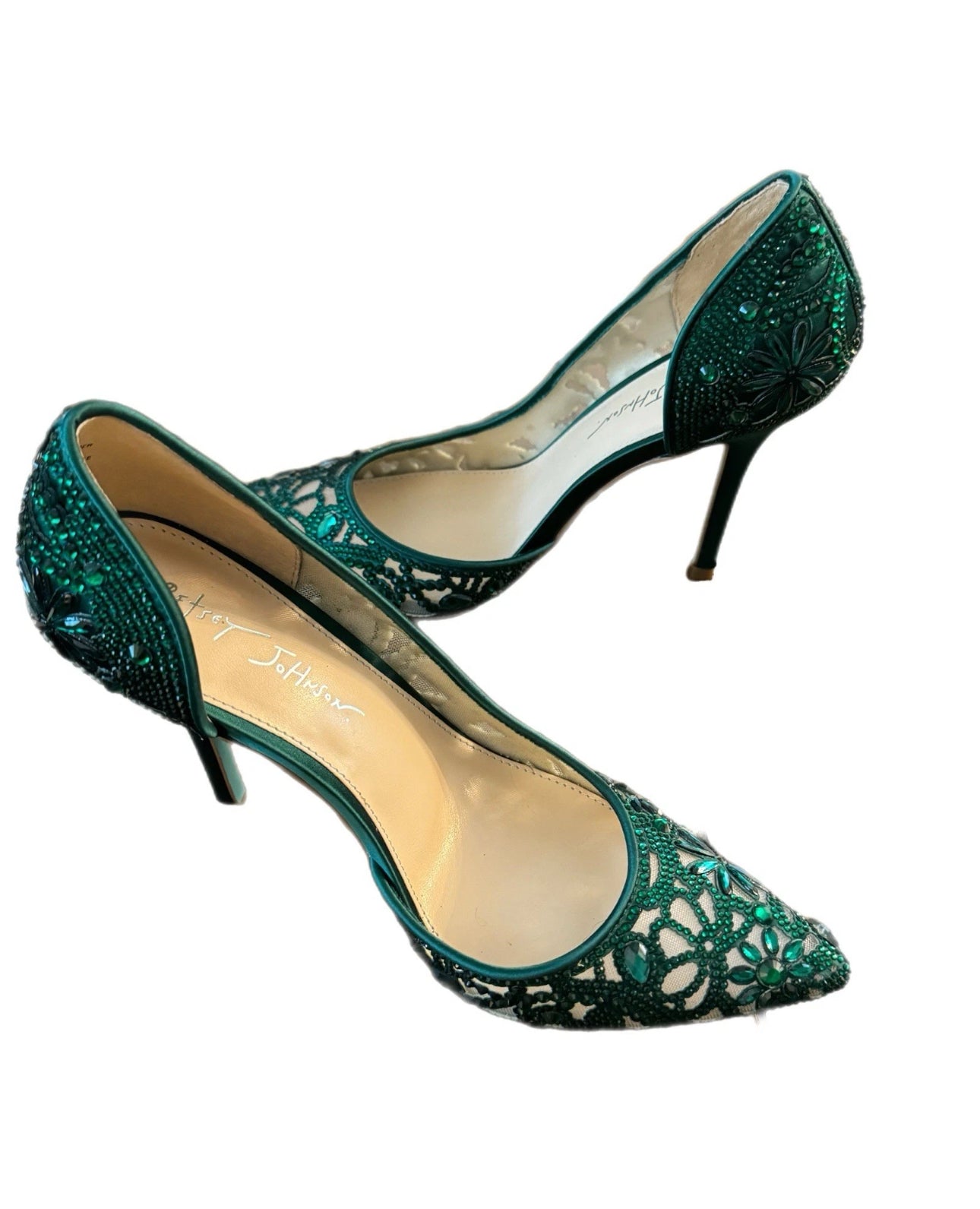 Betsey Johnson Blue Bottom Green Crystal Beaded d’Orsay Pumps Showstopper Heels Sz 8.5