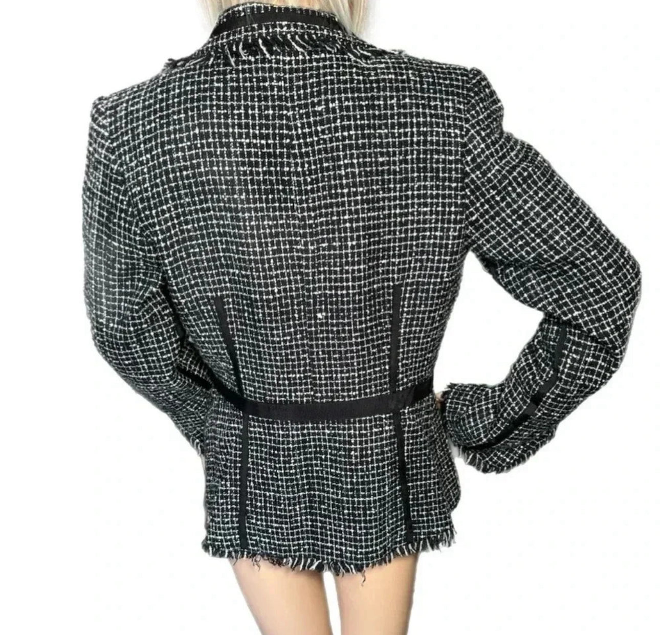 BISOU BISOU Michelle Bohbot Black & White Tweed Blazer Jacket Sz 6 Small