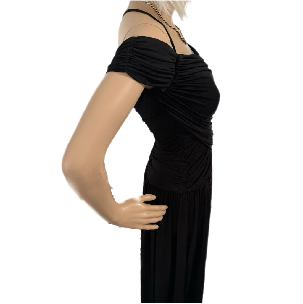 Rosetta Getty Collective Off Shoulder Black Ruched Midi Dress Sz 4 | MSRP $485