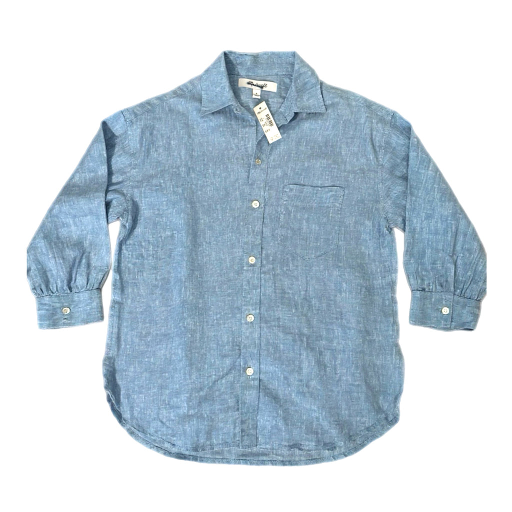 MADEWELL Shirred Button Up Linen Shirt Women’s Sz Small Sunfaded Blue Top NWT