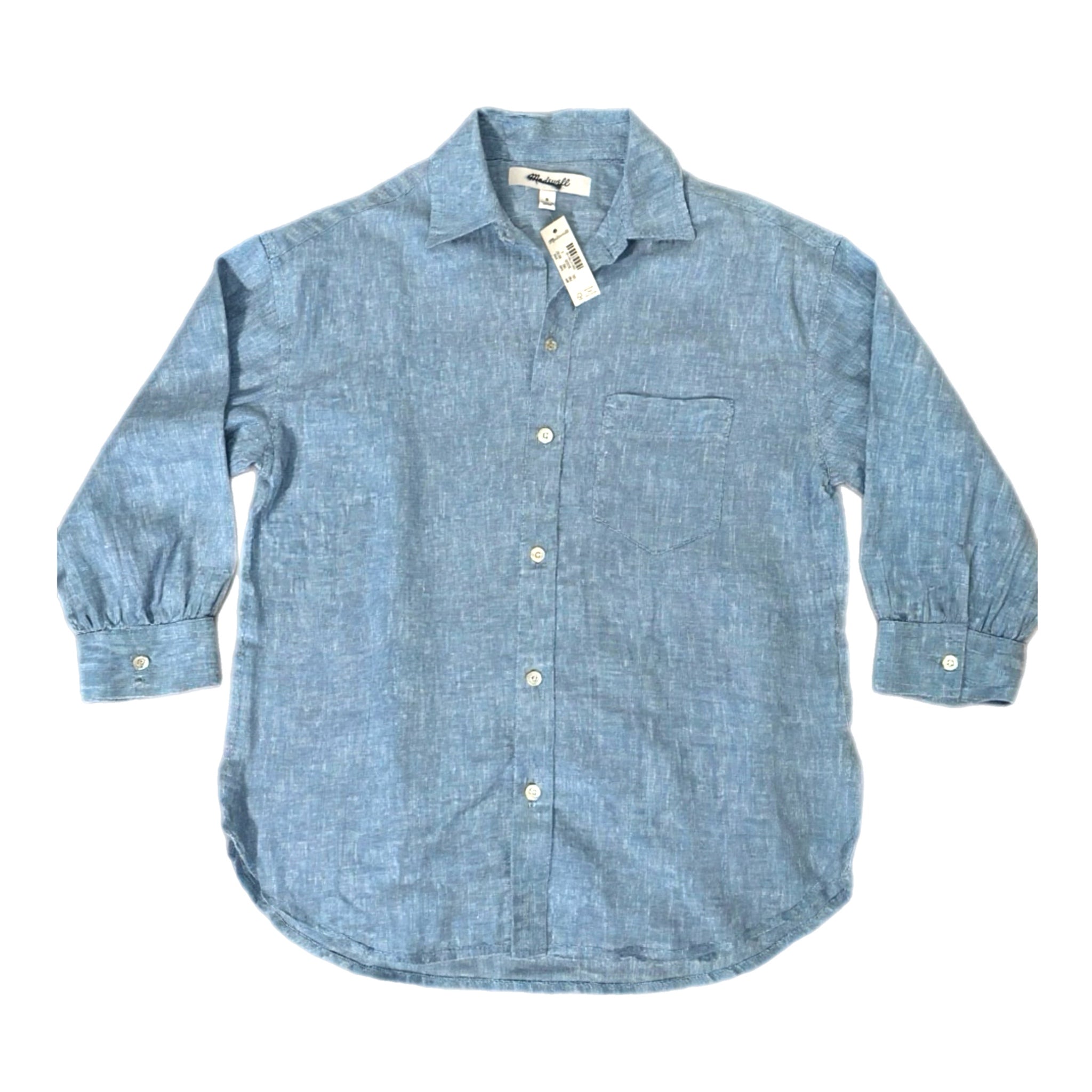 MADEWELL Shirred Button Up Linen Shirt Women’s Sz Small Sunfaded Blue Top NWT