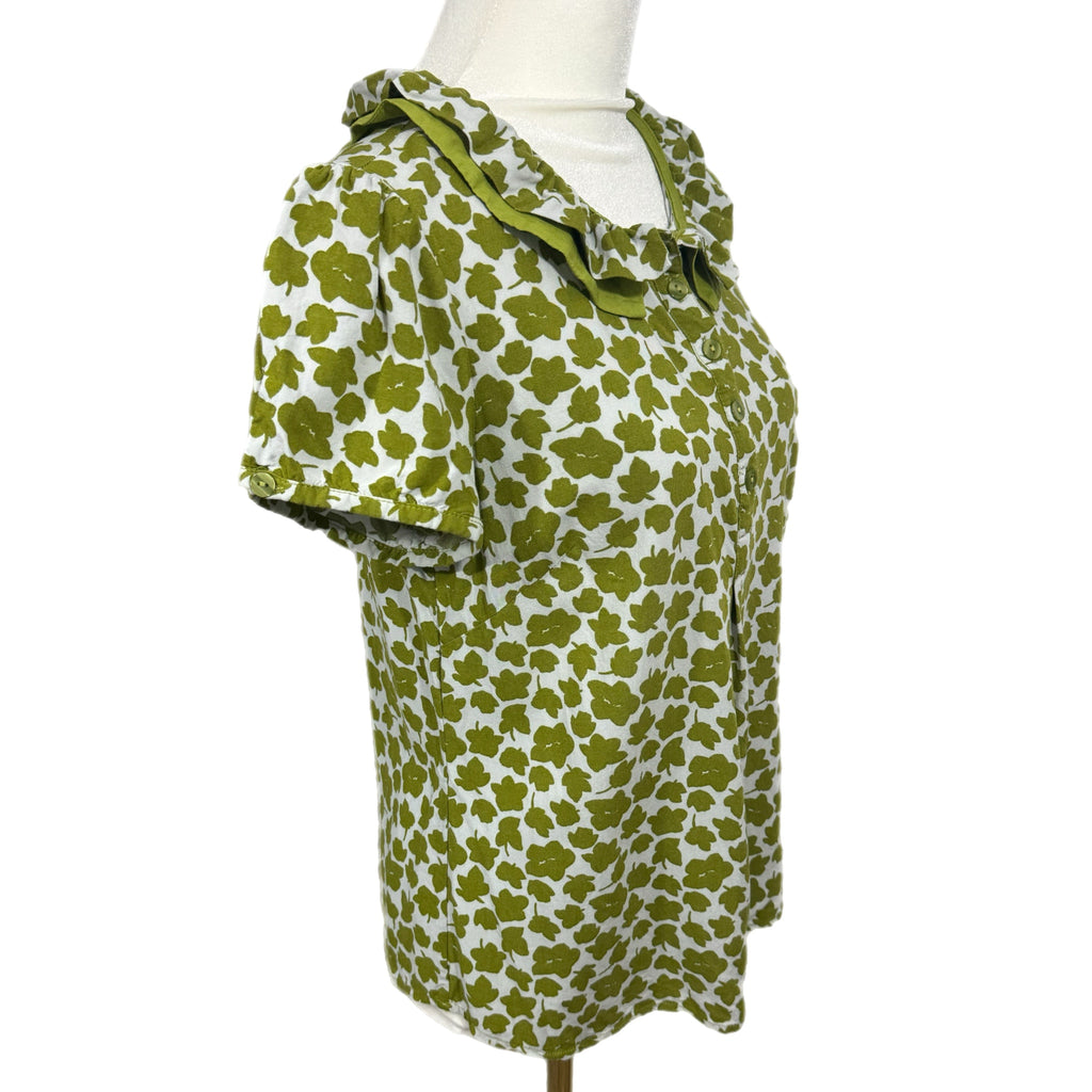 BODEN Abstract Garden Blouse Short Sleeve Button Front Womens Ruffle Collar Sz 8