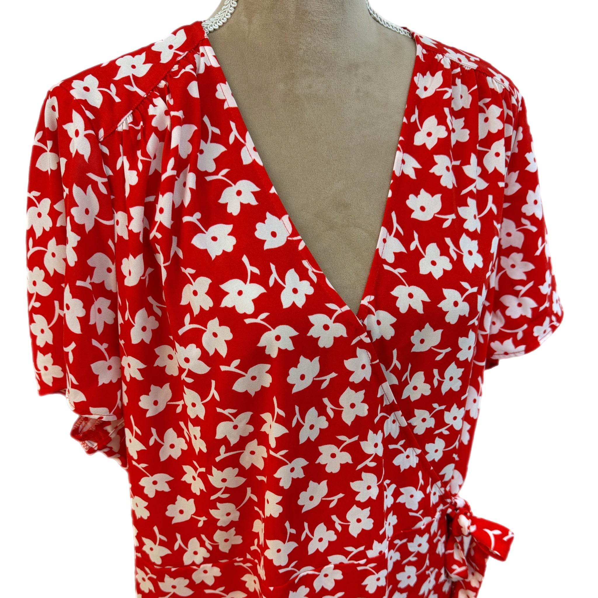 NWT J.Crew Drapey Twill Midi Wrap Dress Red Floral Size 20 Women’s Short Sleeve
