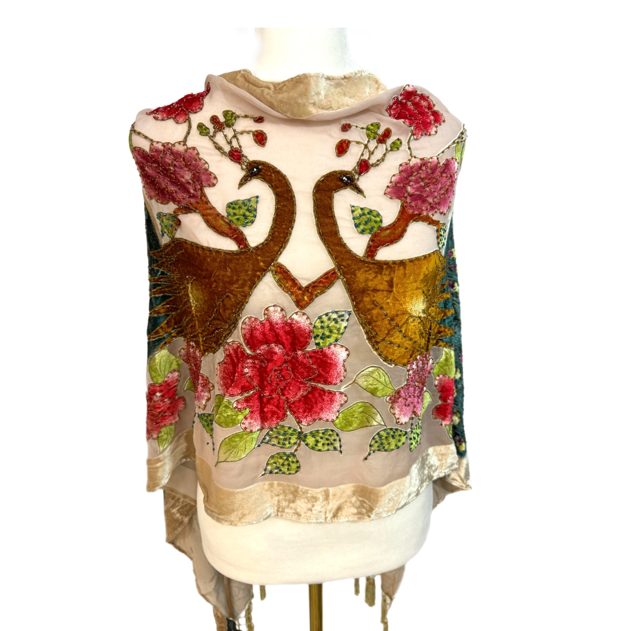 Vintage Beaded Silk Blend Kimono Poncho By Western Fashion Boho Evening Top Sz S