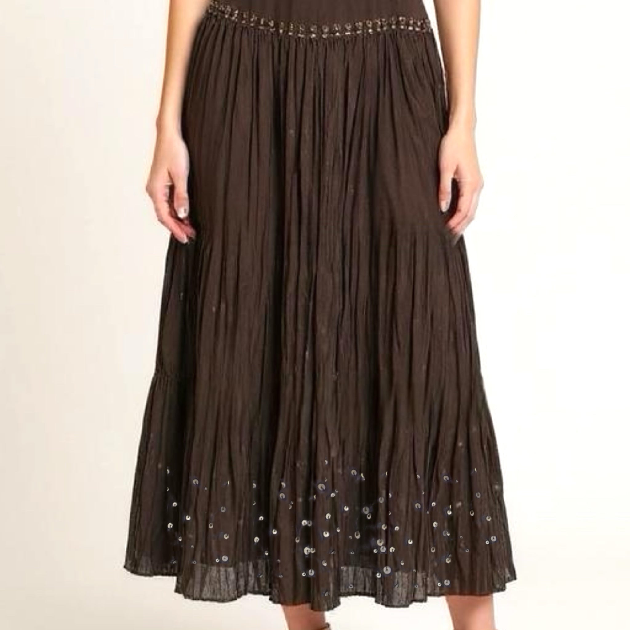 TALBOTS Petites Pure Silk Skirt Dark Evening Brown Crinkle Sequin Whimsy Sz 10