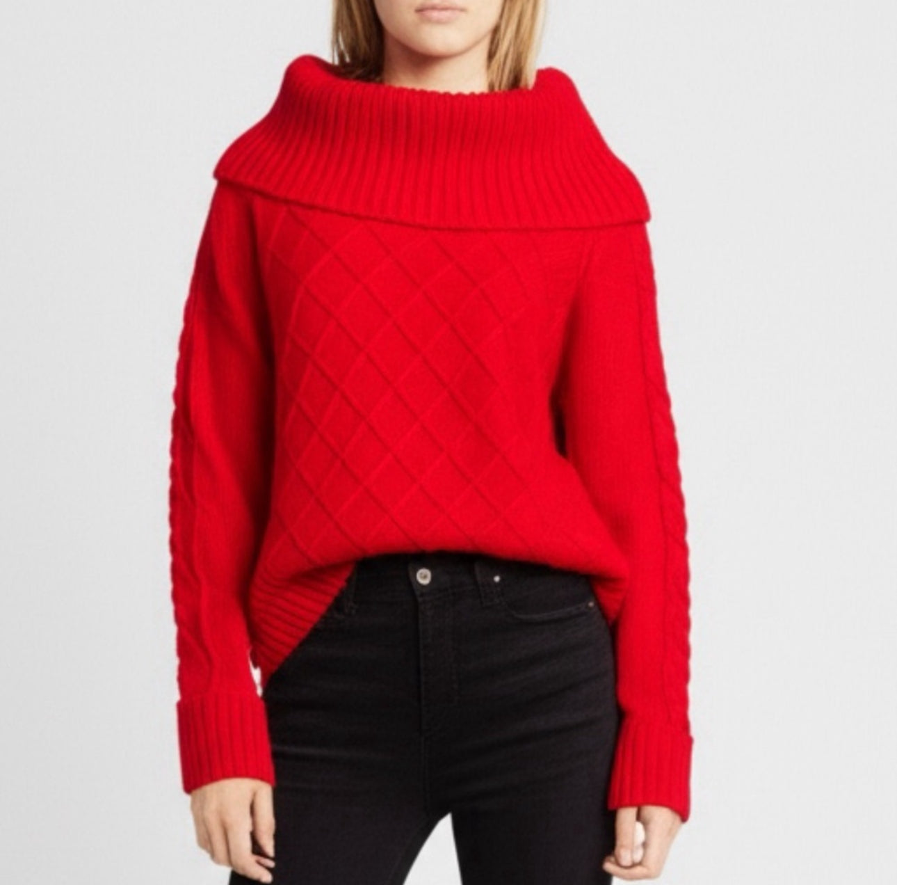 Calvin Klein Women's Cable Knit Red Sweater Diamond Pattern Cowl Neck Size M