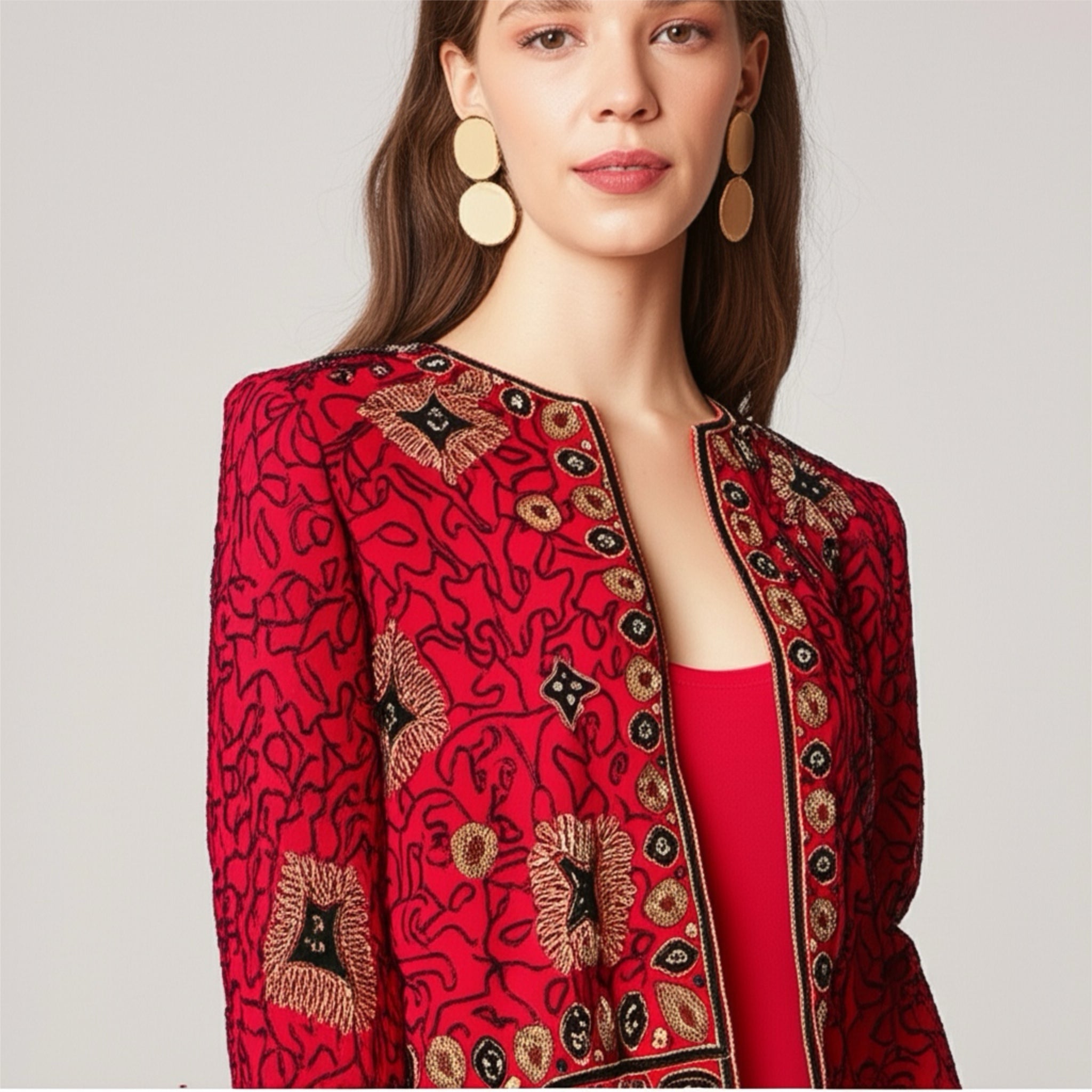 Adrianna Papell 1994 Silk Beaded Jacket Red Black Gold Evening Formal Vintage Sz S