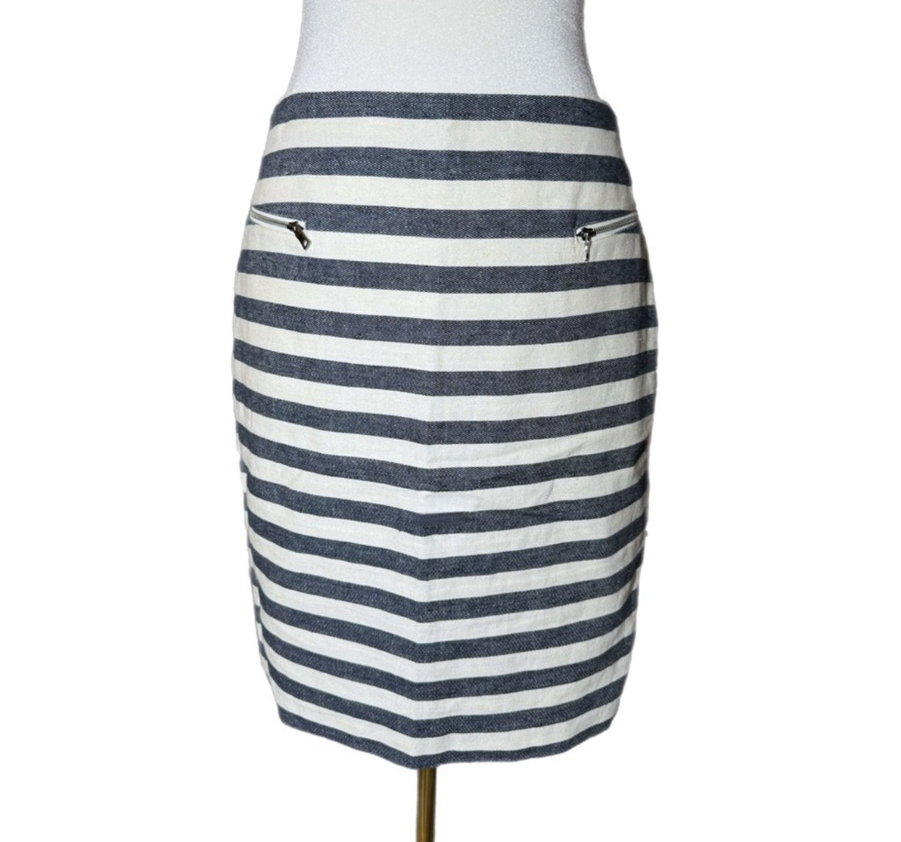 ANN TAYLOR Coastal Linen Blend Striped Pencil Skirt High Rise Navy White Size 4