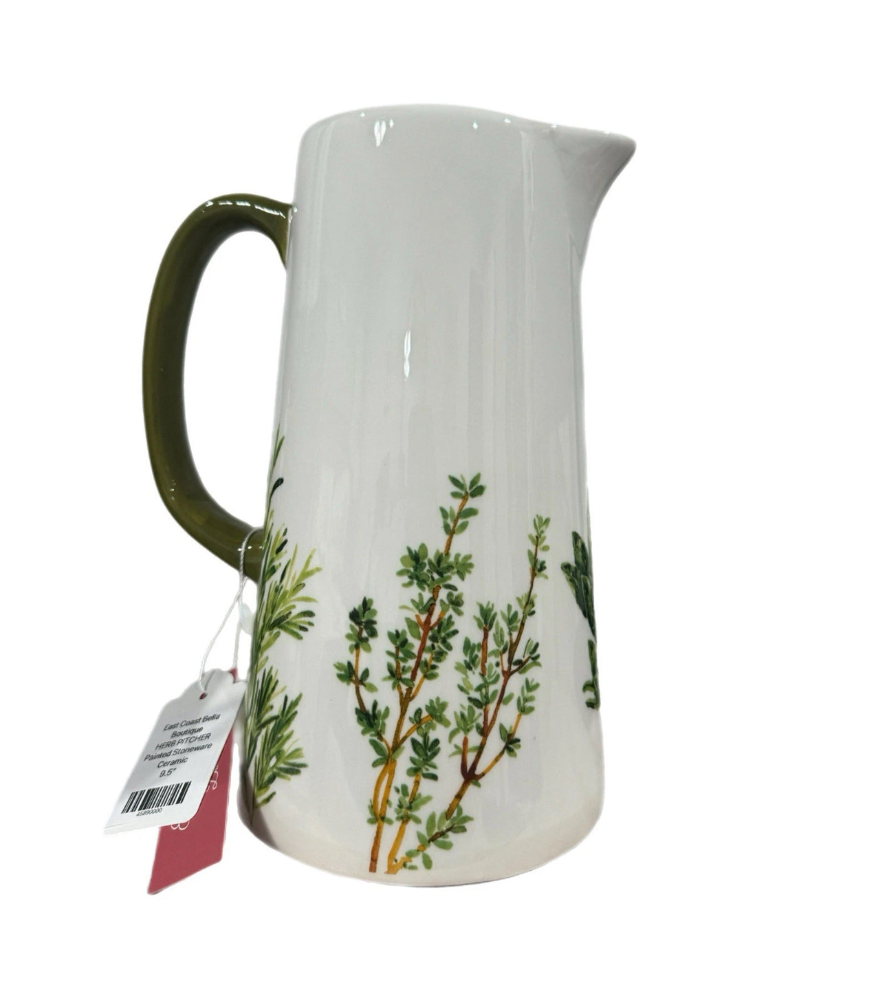New Ceramic Pitcher Herbs Botanical Painted Green White 9.5”