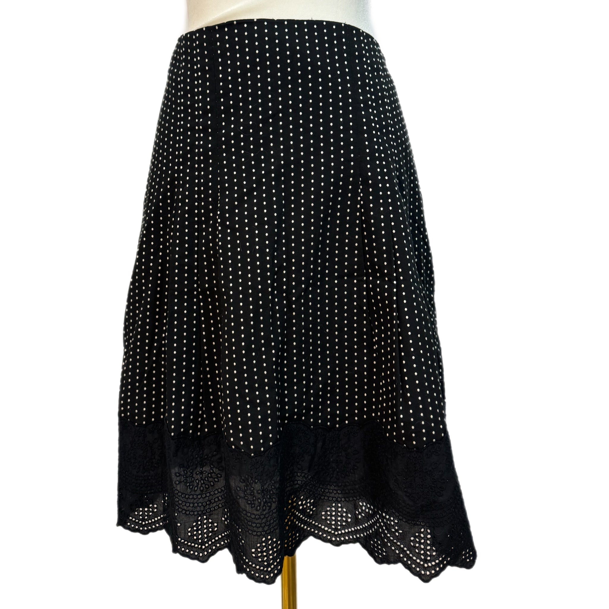 ANN TAYLOR Black Polka Dot Skirt Women’s 100% Cotton Full Knee Lace Hem Sz 6P