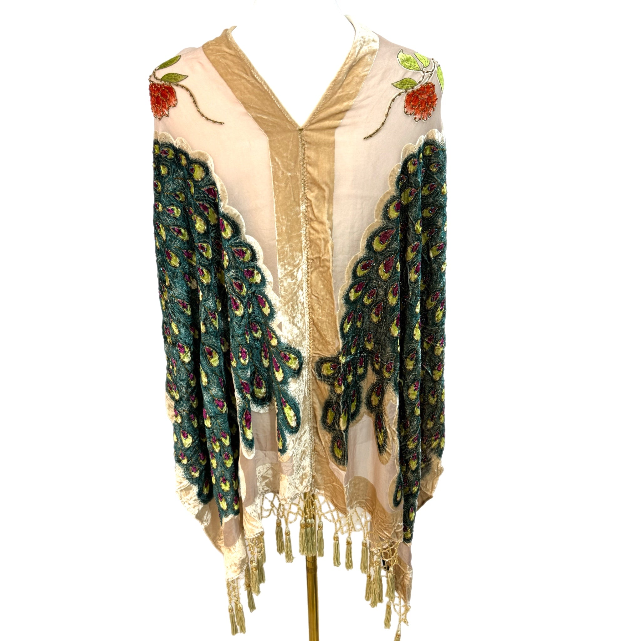 Vintage Beaded Silk Blend Kimono Poncho By Western Fashion Boho Evening Top Sz S