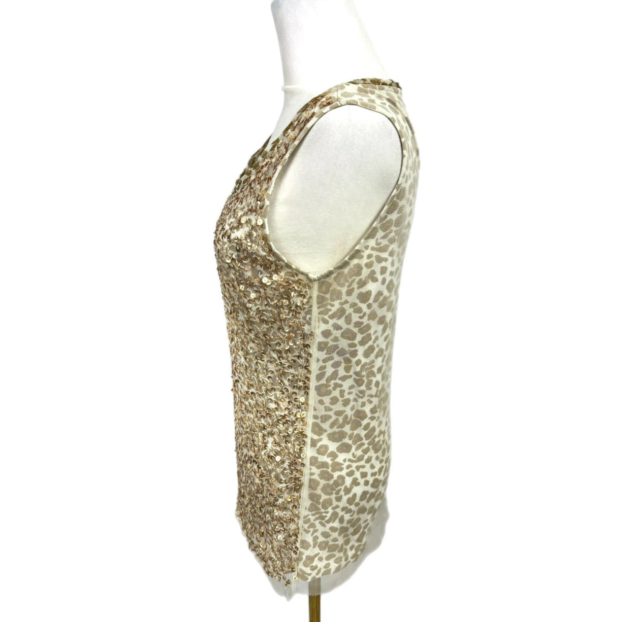 CHICOS 0 Gold Sequin Tank Top Shell Scoop Neck Contrast Print Blouse Sz S