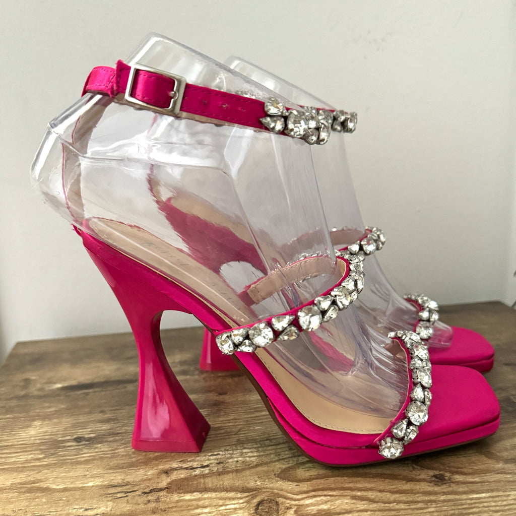 Betsey Johnson SB-Perry Women's Heels Pink Rhinestone Strap Blue Bottoms Sz 6.5