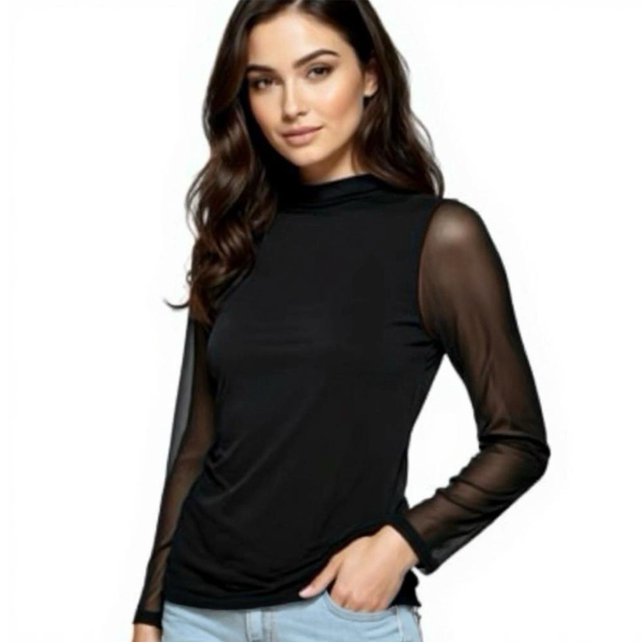 Calvin Klein Modern Essentials Black Blouse NWT Sheer Sleeve Women’s Size L