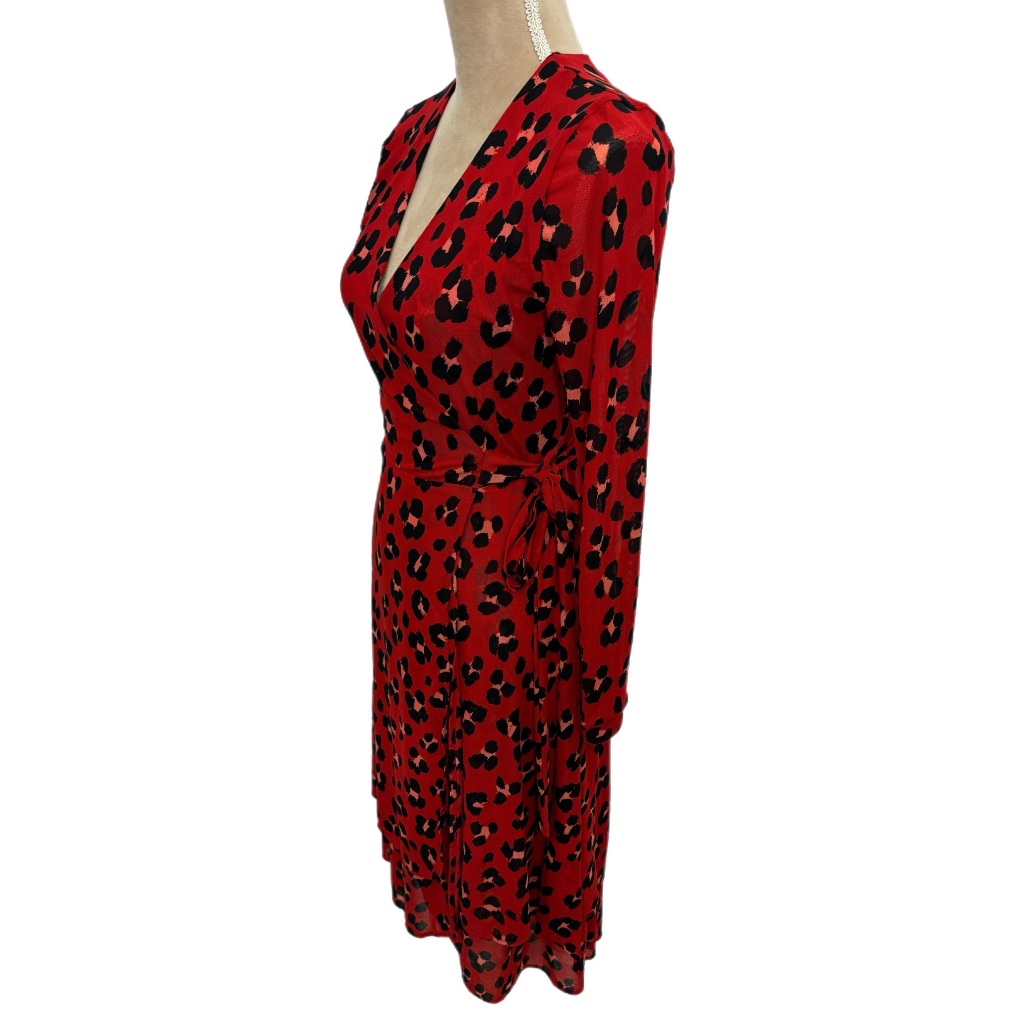 Cabi Siren Wrap Dress Red Leopard Print Midi Women’s Size XS Long Sleeve Chic