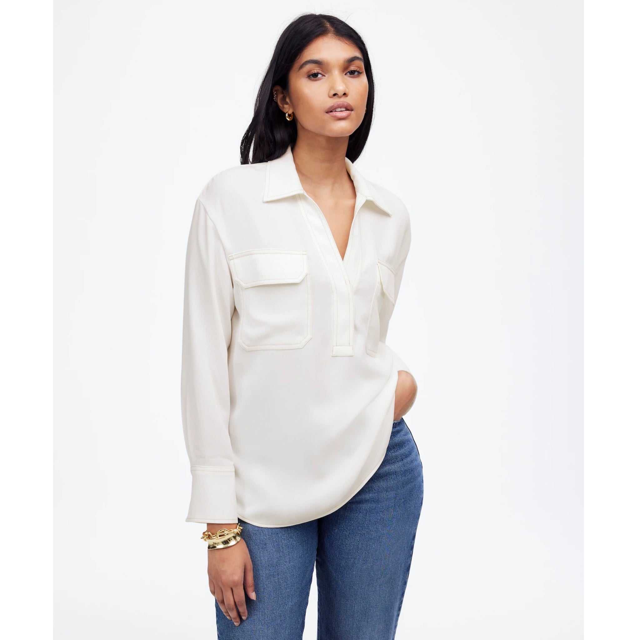 MADEWELL Contrast Stitch Popover Blouse XS White Ivory Long Sleeve MSRP $118 New