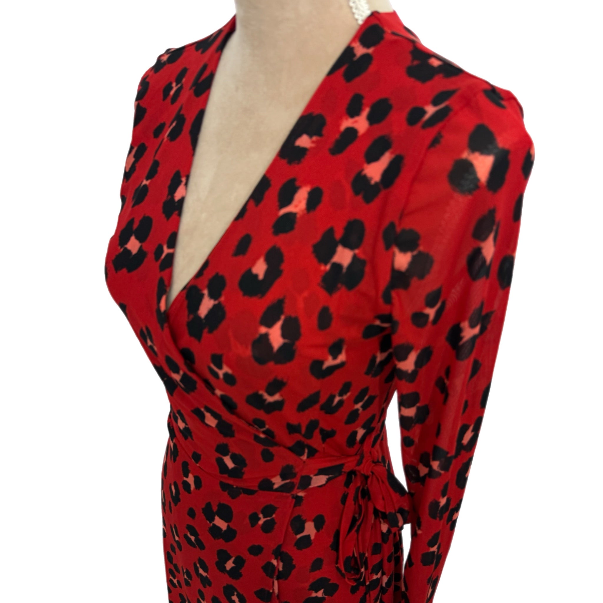 Cabi Siren Wrap Dress Red Leopard Print Midi Women’s Size XS Long Sleeve Chic