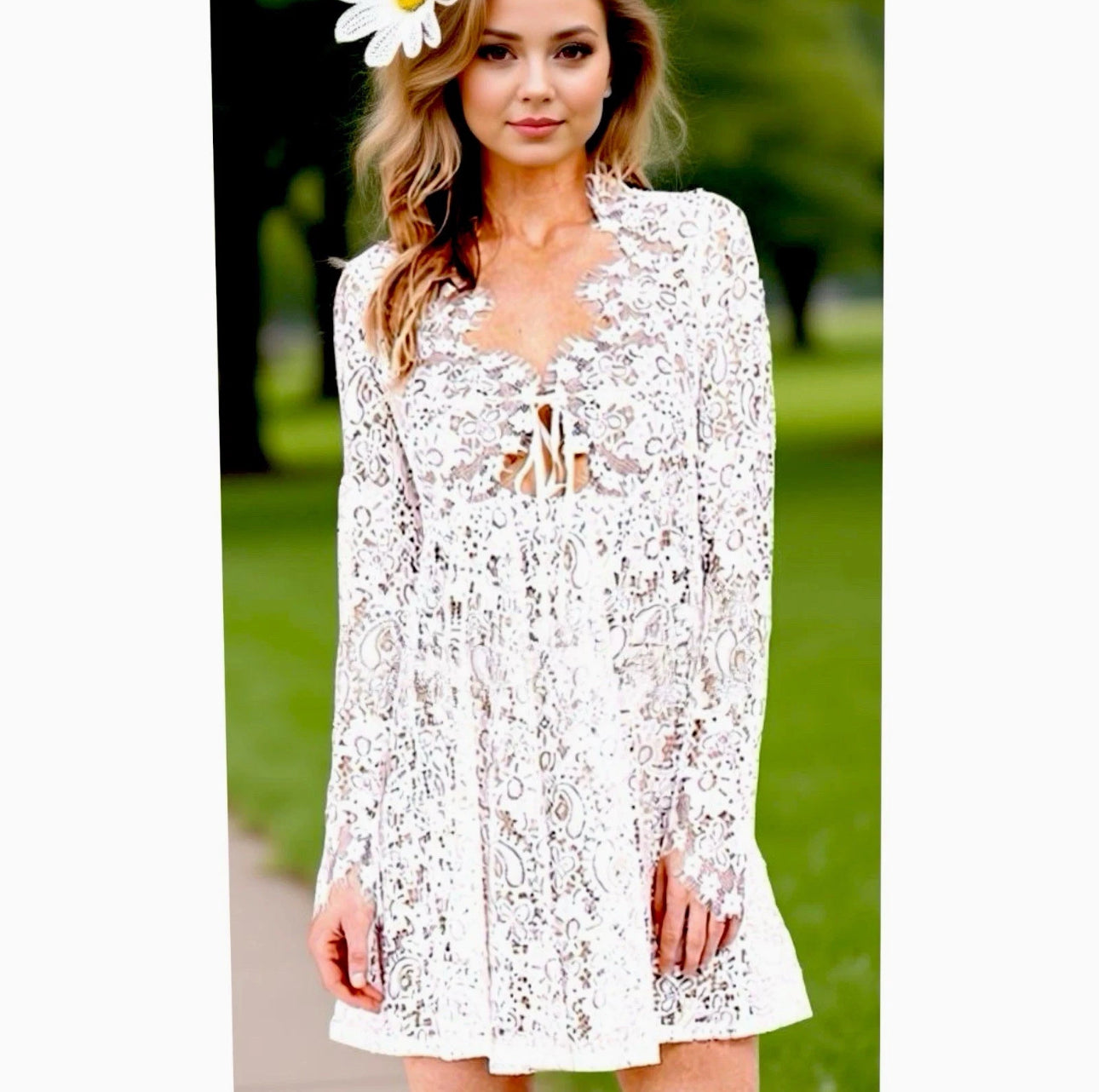 FOR LOVE & LEMONS Charlie Dress White Lace Long Sleeve Hippie Chic Mini Sz S