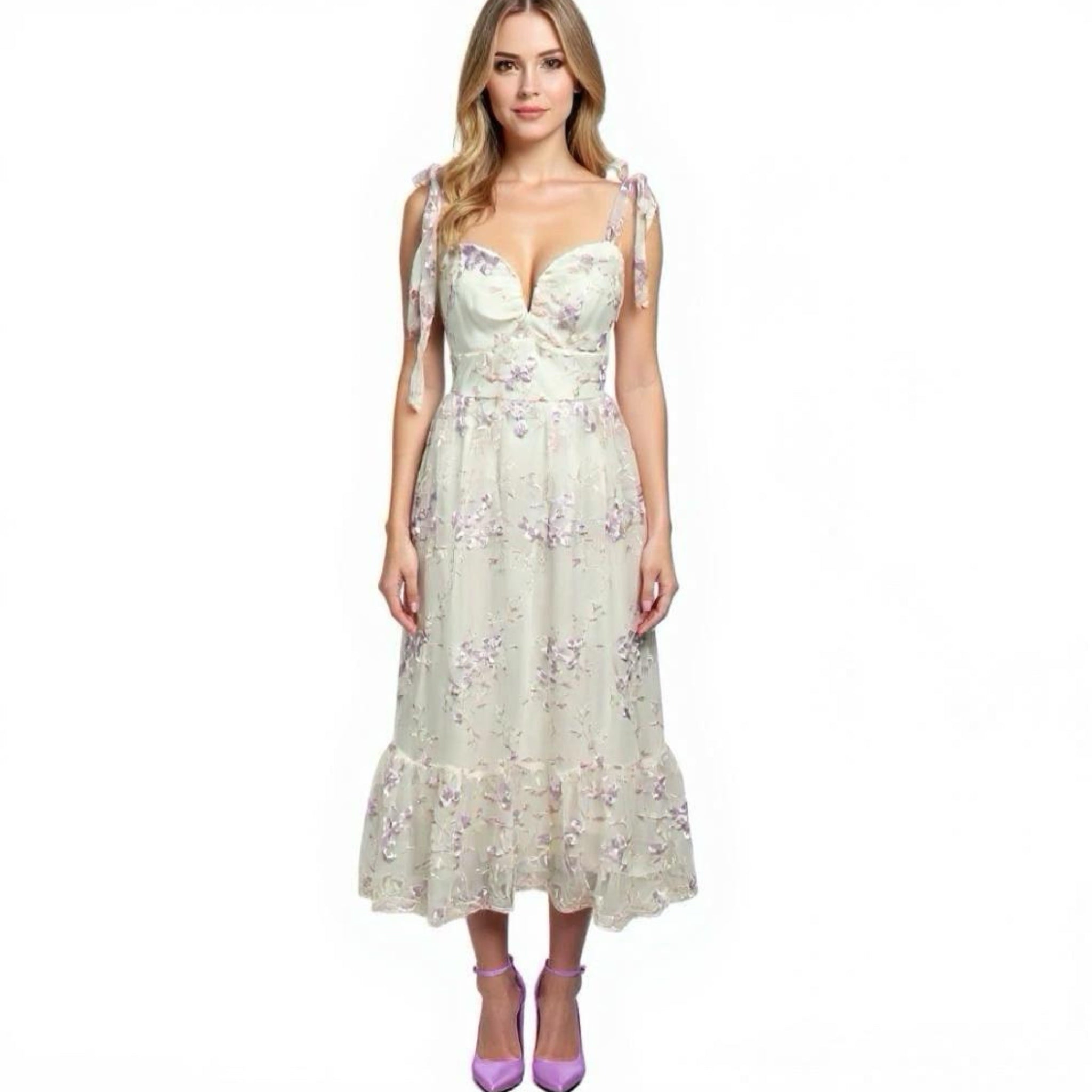 Lulus Romantic Embroidered Tulle Midi Dress White Lilac Floral Womens Sz M NWT