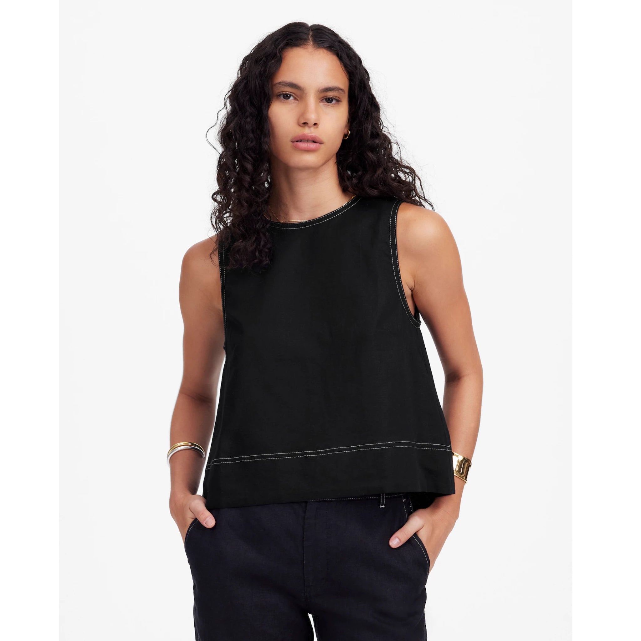 MADEWELL Linen Pleated Shell Top Women’s XS / S Jet Black Minimalist Chic Blouse
