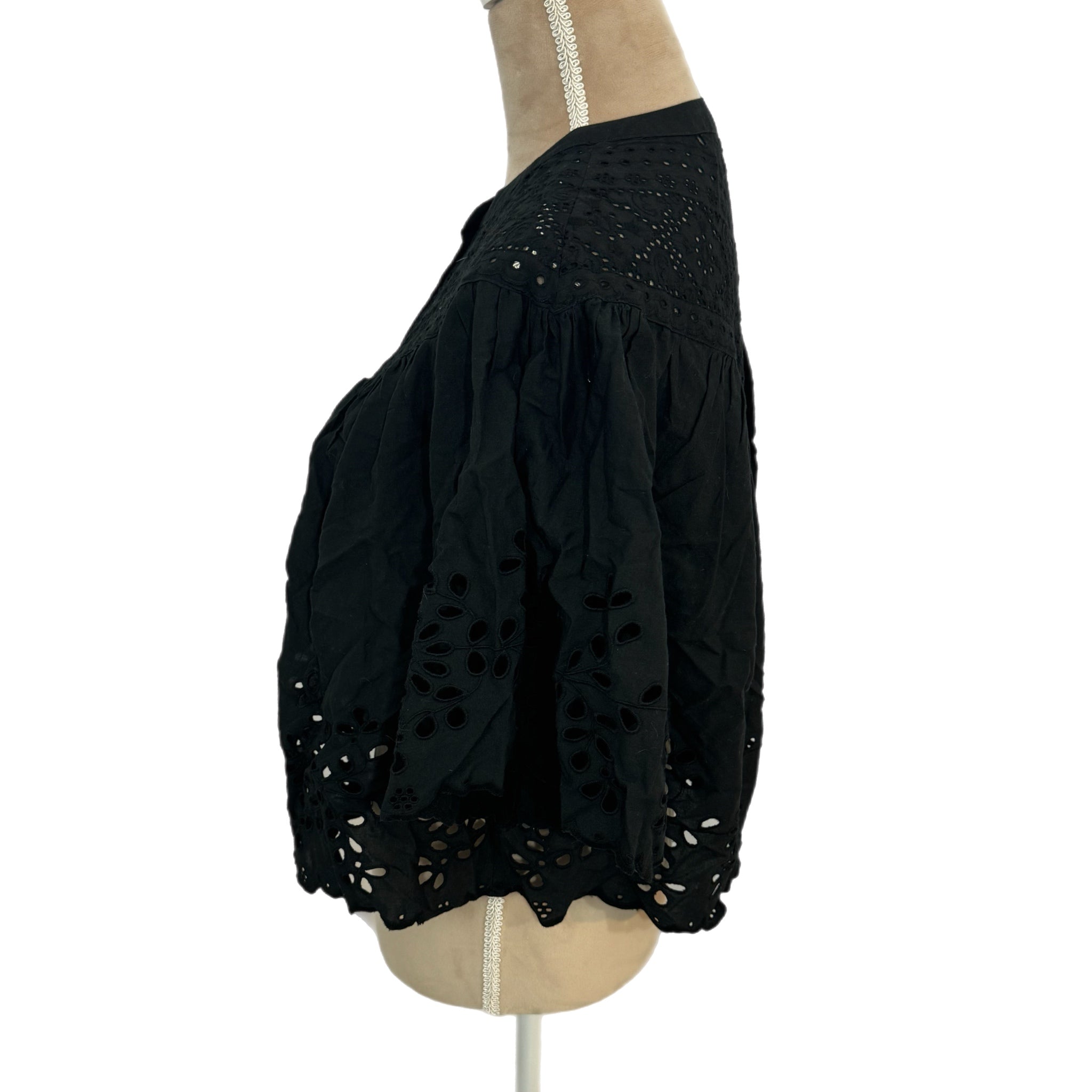 MADEWELL Women's Black Eyelet Cotton Sz S Swing Top Scalloped Hem Blouse New