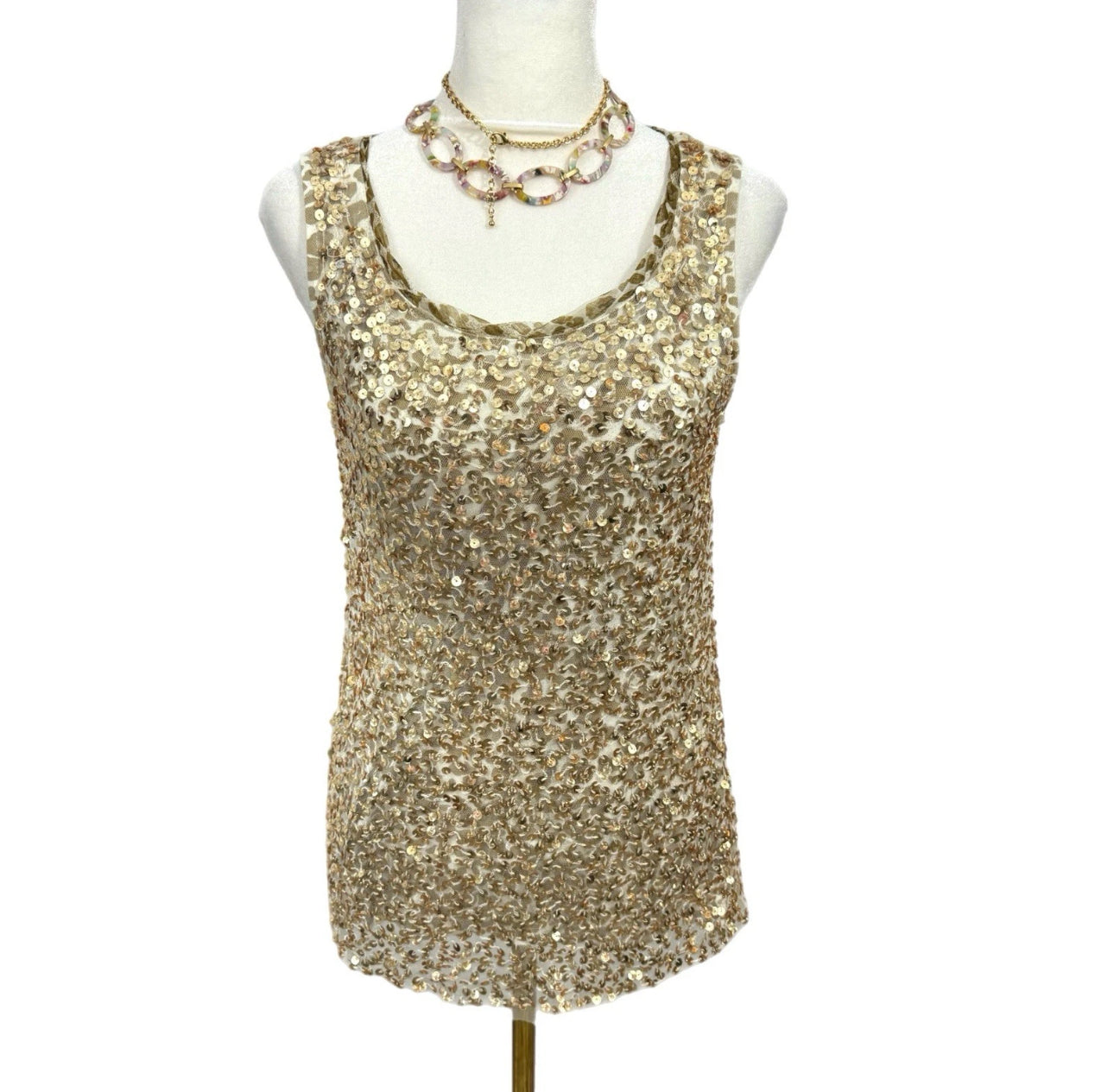 CHICOS 0 Gold Sequin Tank Top Shell Scoop Neck Contrast Print Blouse Sz S