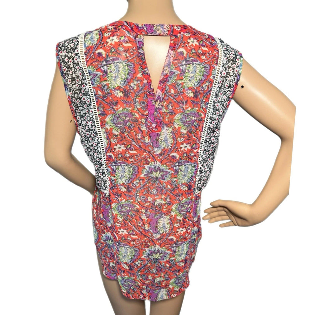 Anthropologie Meadow Rue Floral Sleeveless Blouse Boho Crochet Semi-Sheer Sz S