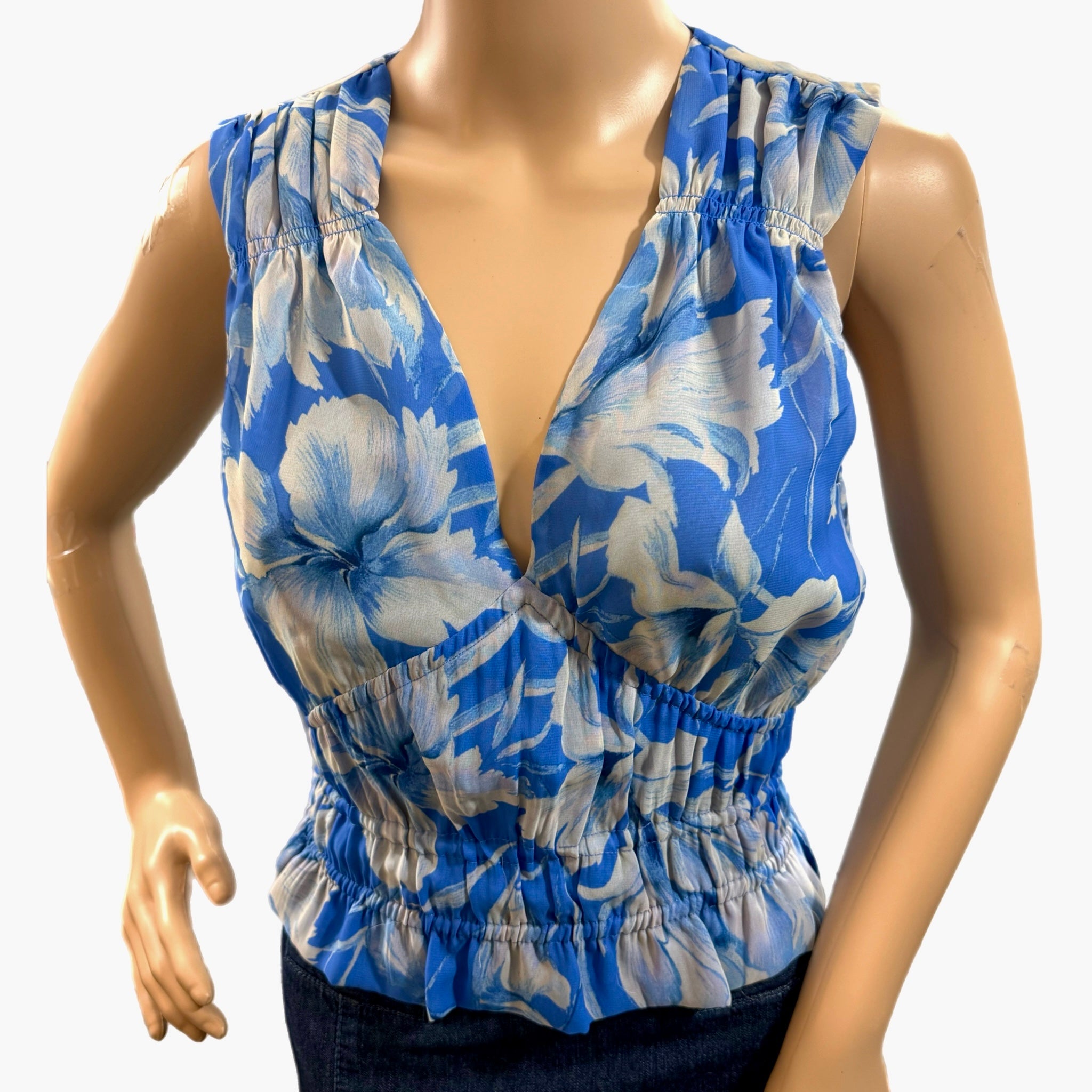 Steve Madden Blue Floral Smocked Crop Top Sleeveless Ruched Blouse Sz XS