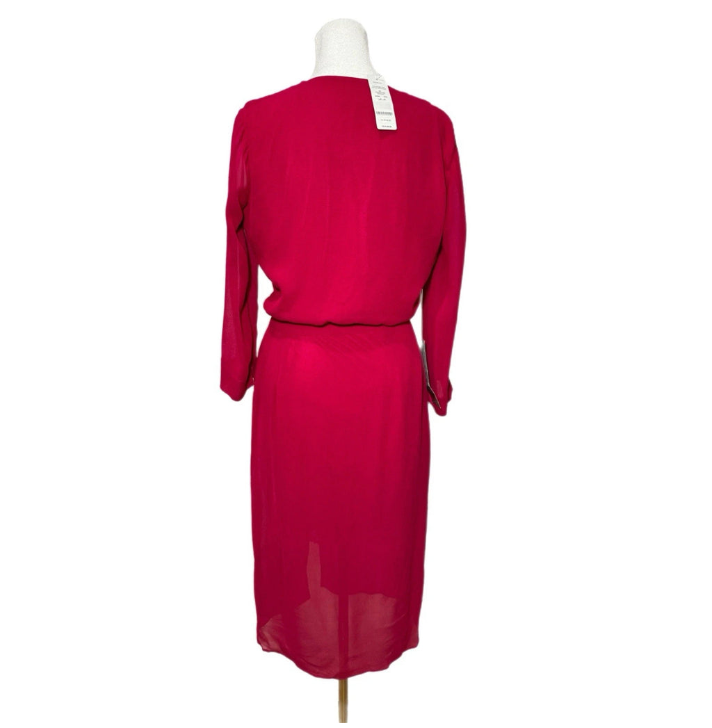 Bebe Womens Raspberry Pink Chiffon Faux Wrap Midi Dress 3/4 Sleeve NWT Sz 4