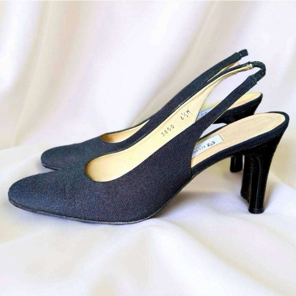 Vintage 90s Etienne Aigner Black Melrose Slingback Heels Leather Sole SPAIN 6.5