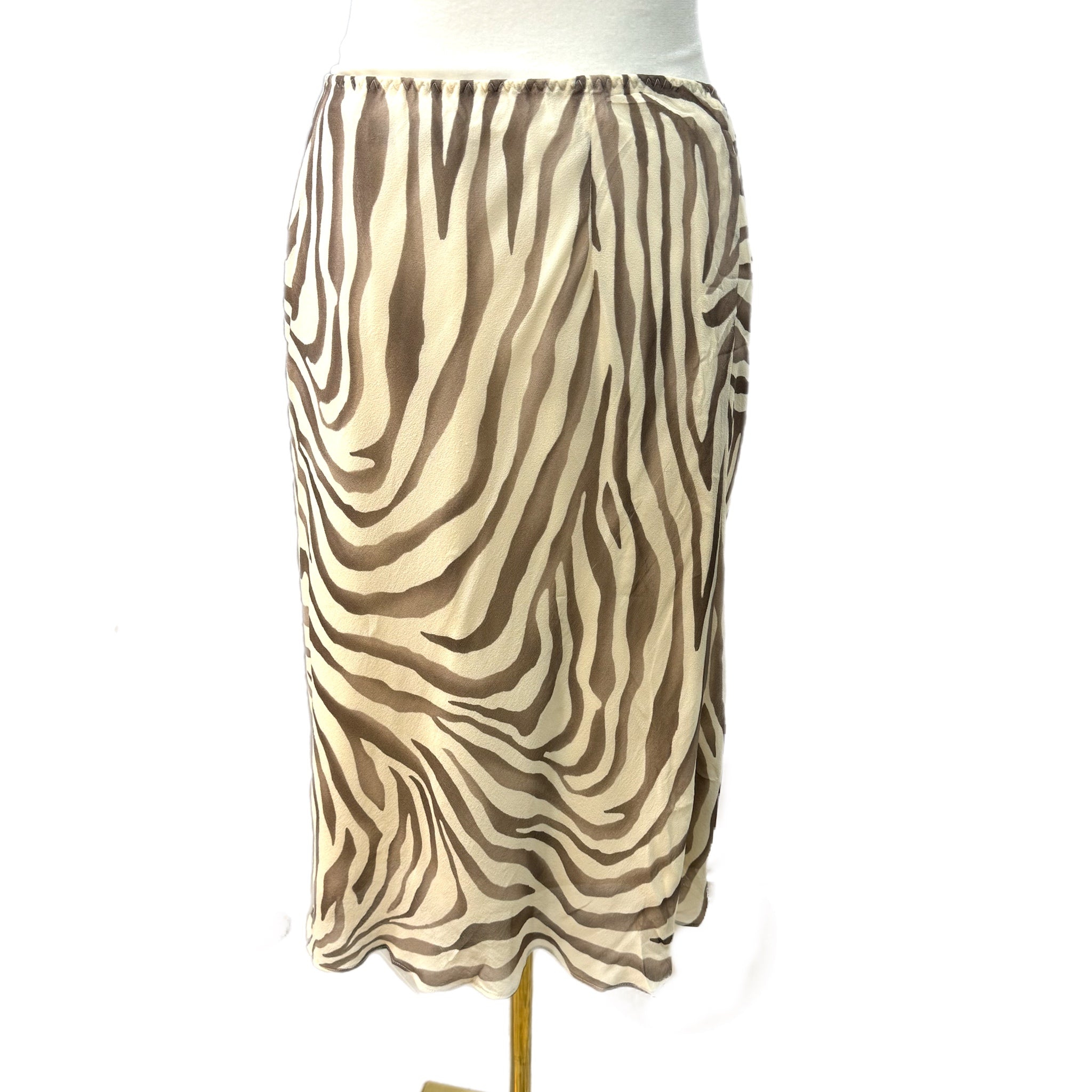 Vintage Y2K BANANA REPUBLIC 100% SILK Circa 2003 Midi Skirt Beige Zebra Mod Sz 8