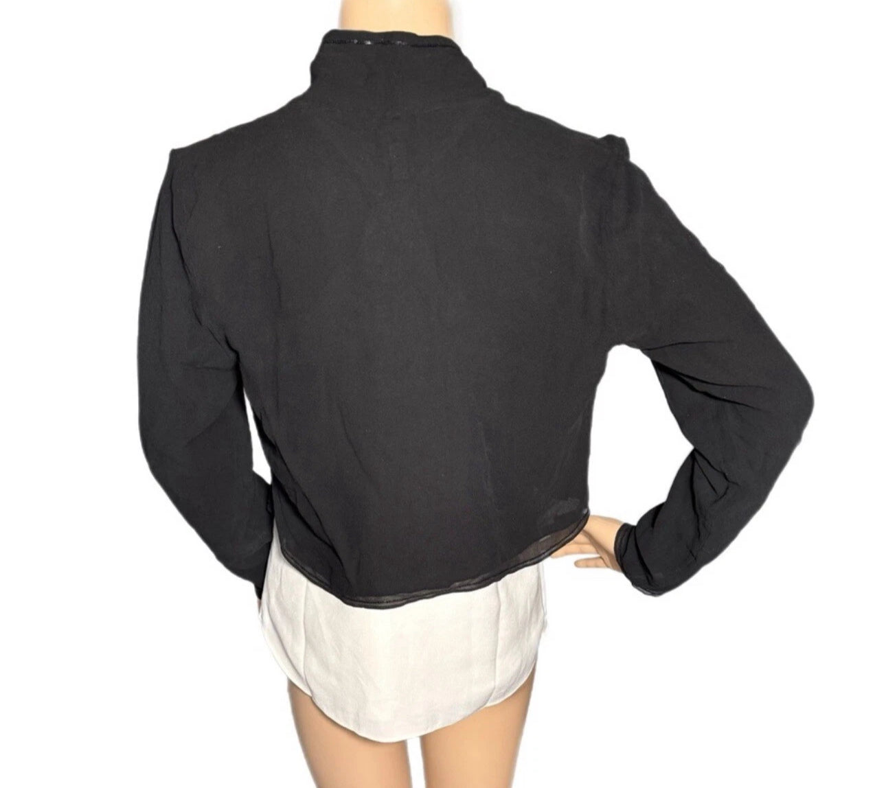 EILEEN FISHER 100% Silk Open Front Sheer BlouseBlack Sequin Trim Elegant Crop XS