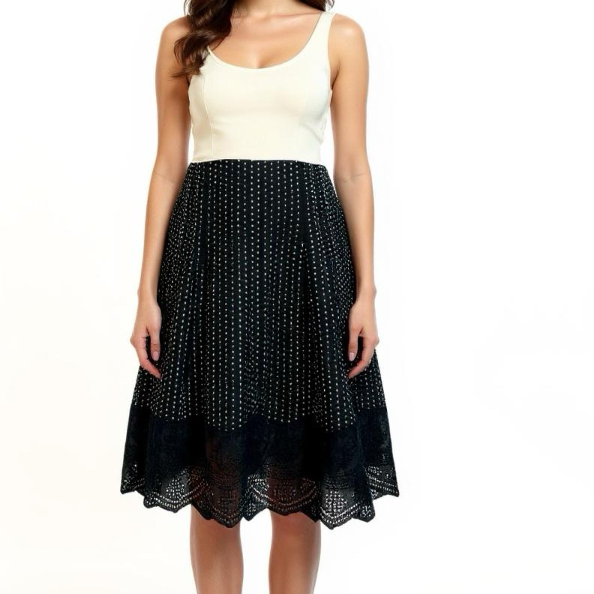 ANN TAYLOR Black Polka Dot Skirt Women’s 100% Cotton Full Knee Lace Hem Sz 6P